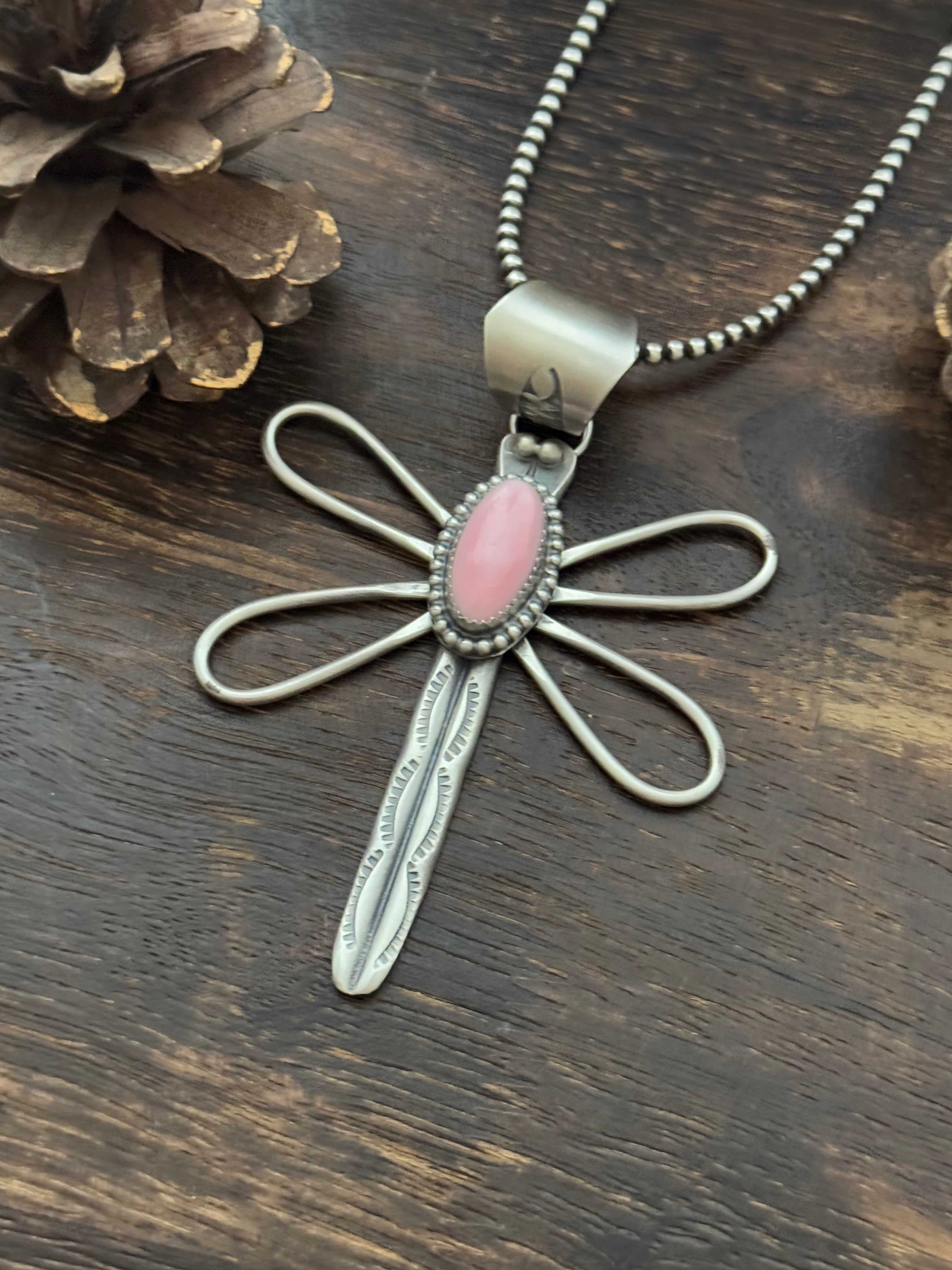 Delbert Secatero Pink Conch & Sterling Silver Dragonfly Pendant