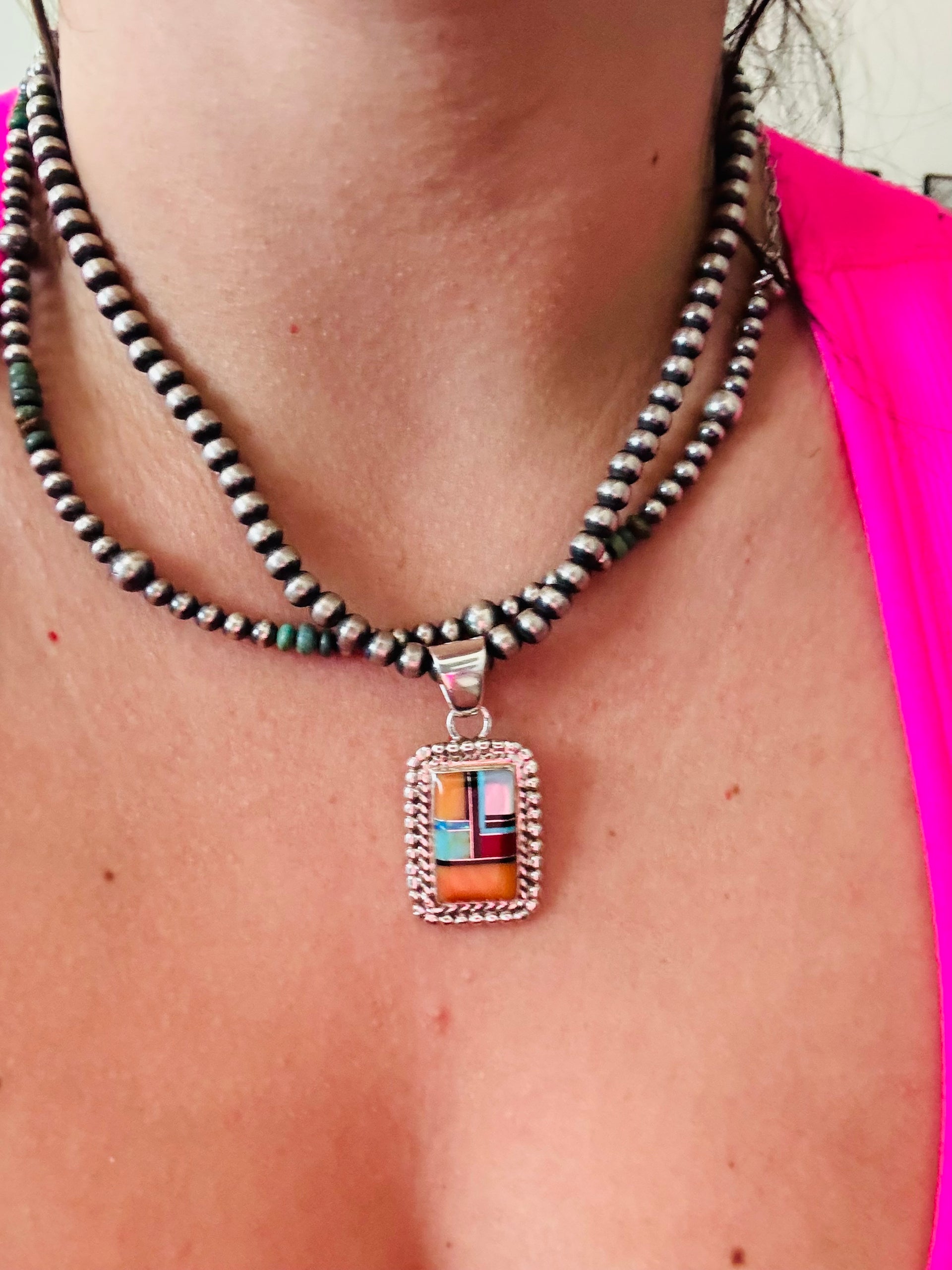 Southwest Multi Stone & Sterling Silver Cobblestone Pendant