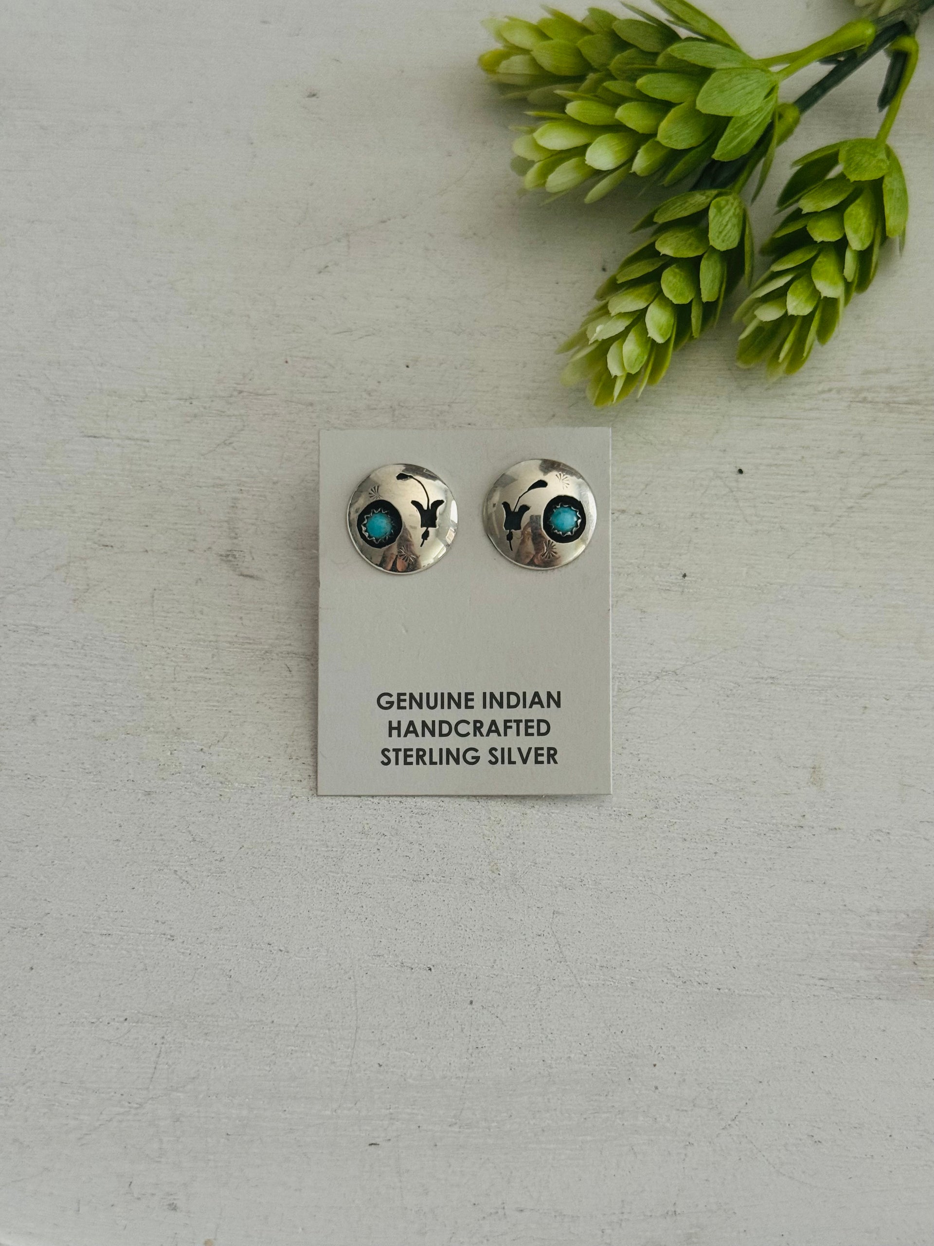 Navajo Made Kingman Turquoise & Sterling Silver Post Concho Shadowbox Earrings