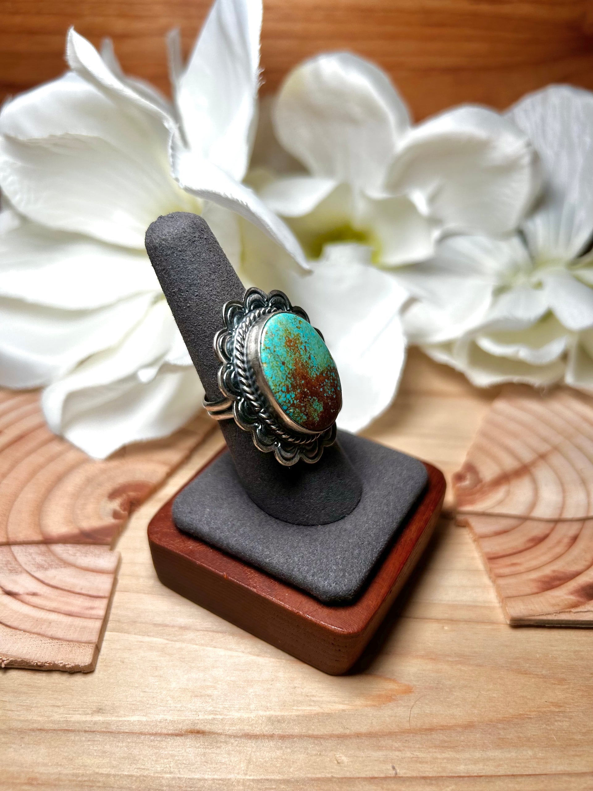 Navajo Made #8 Turquoise & Sterling Silver Ring Size 7.75