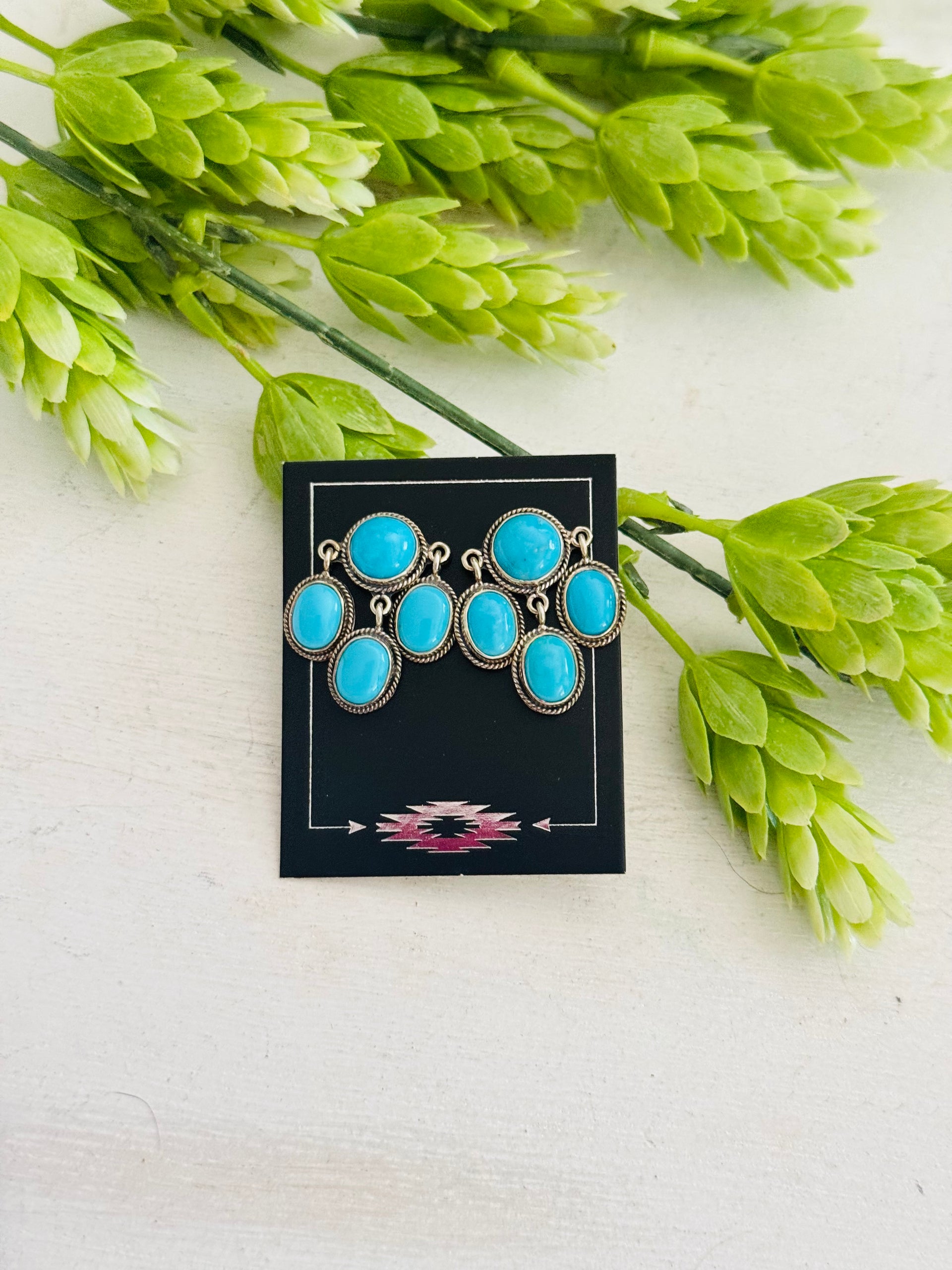 Southwest Made Kingman Turquoise & Sterling Silver Post Dangle Cluster Earrings