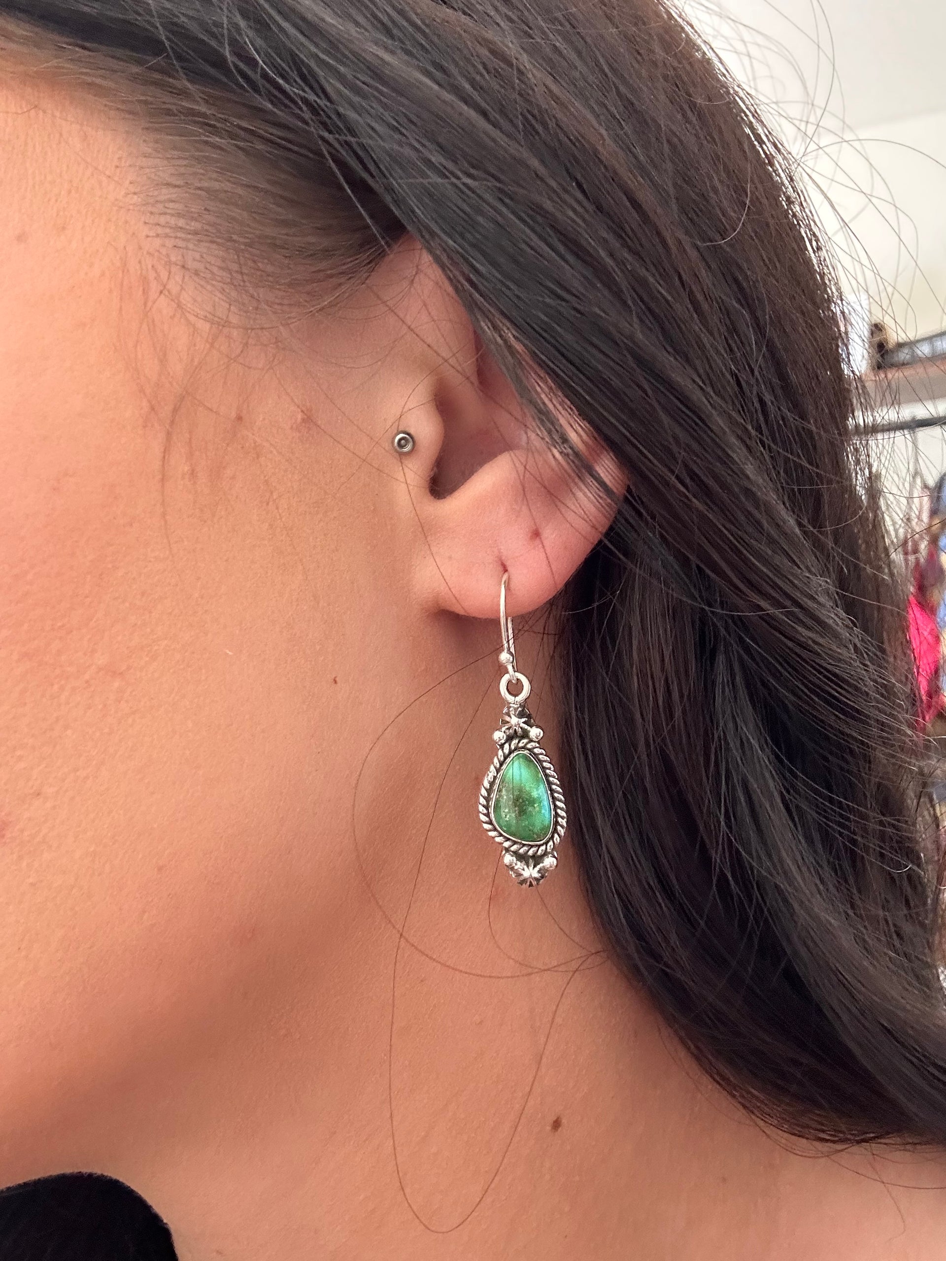 Southwest Handmade Sonoran Gold Turquoise & Sterling Silver Dangle Earrings