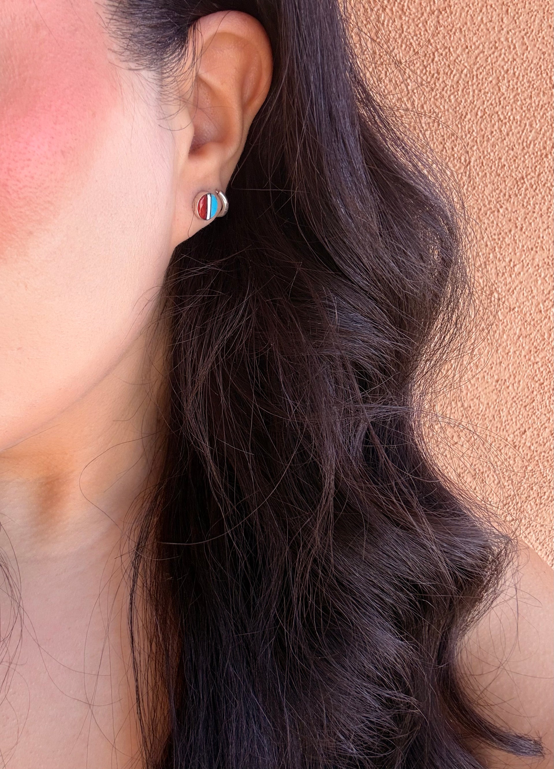 Zuni Multi Stone & Sterling Silver Inlay Stud Earrings