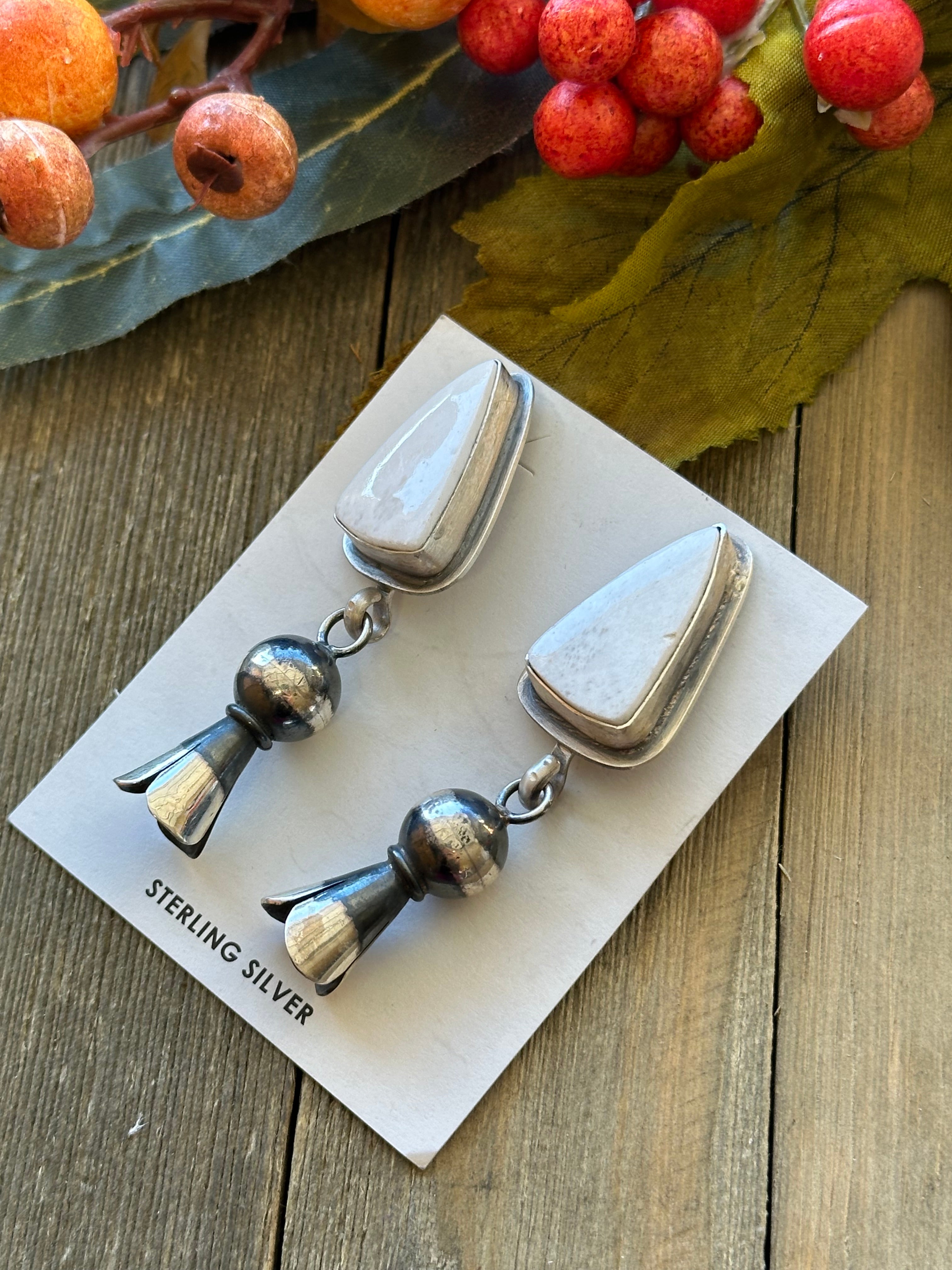 Tony Yazzie White Buffalo & Sterling Silver Post Dangle Earrings