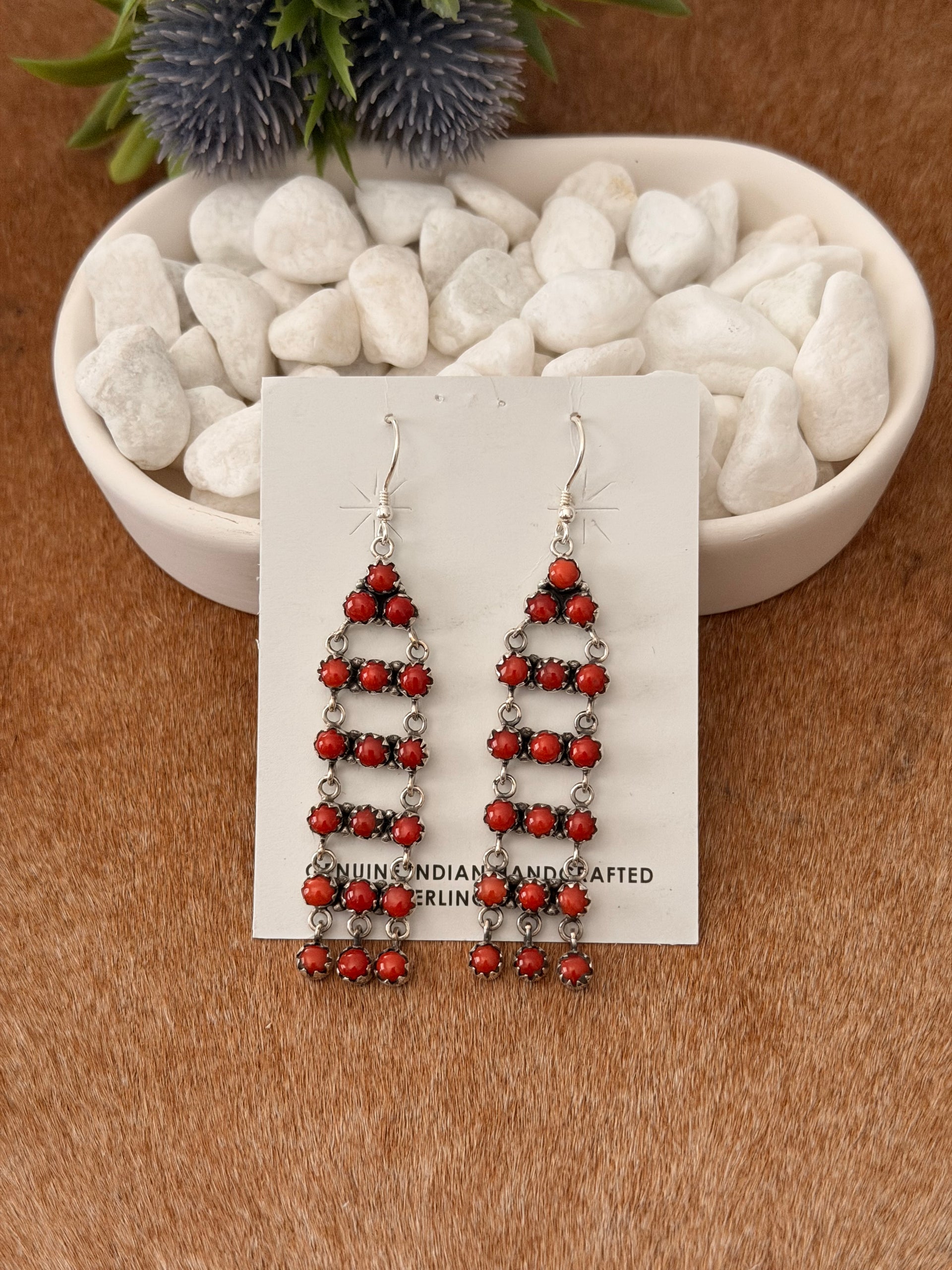 Navajo Made Red Coral & Sterling Silver Dangle Cluster Earrings