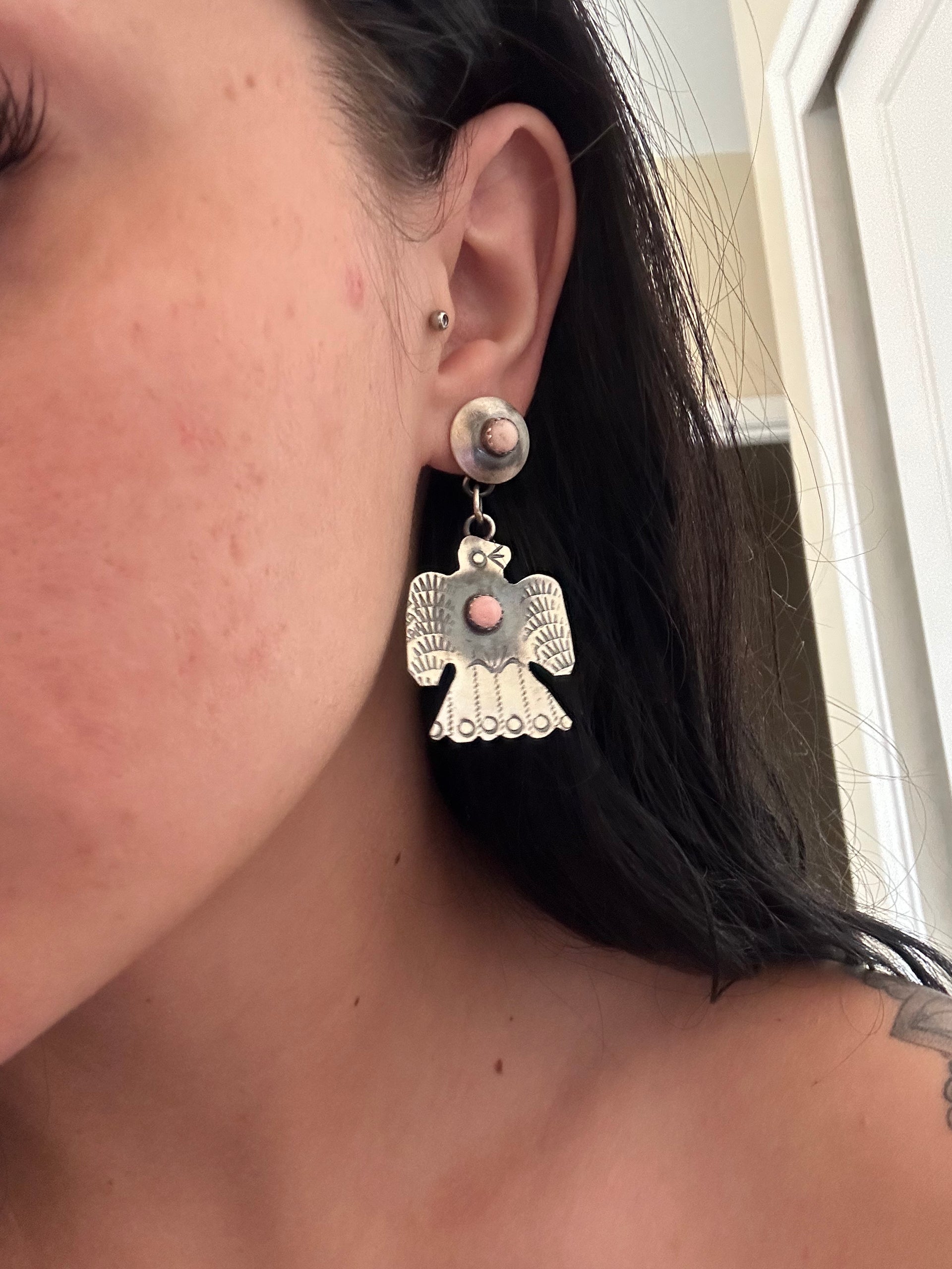 Navajo Mare Pink Conch & Sterling Silver Post Dangle Thunderbird Earrings