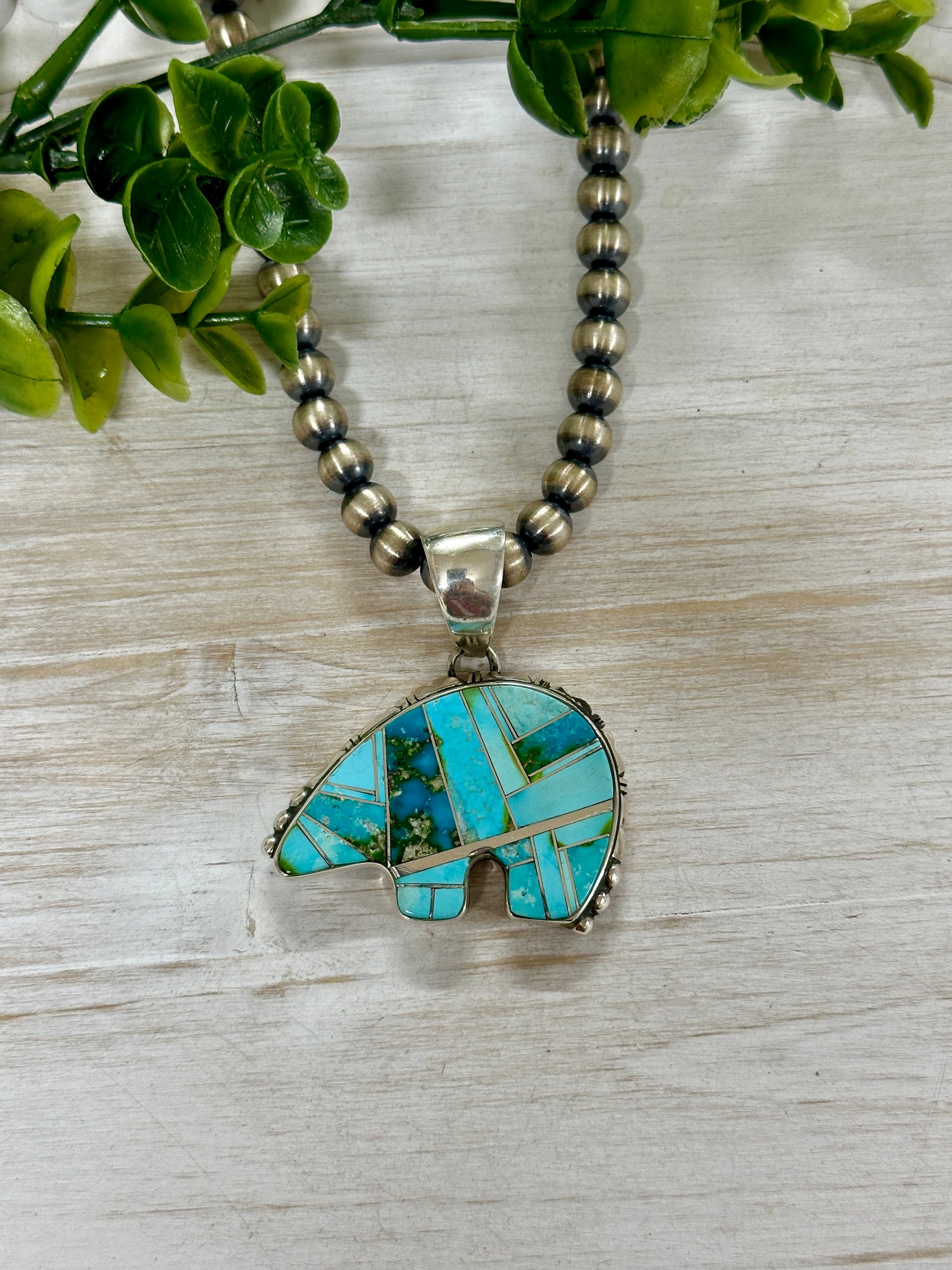 Navajo Made Sonoran Mountain Turquoise & Sterling Silver Bear Inlay Pendant