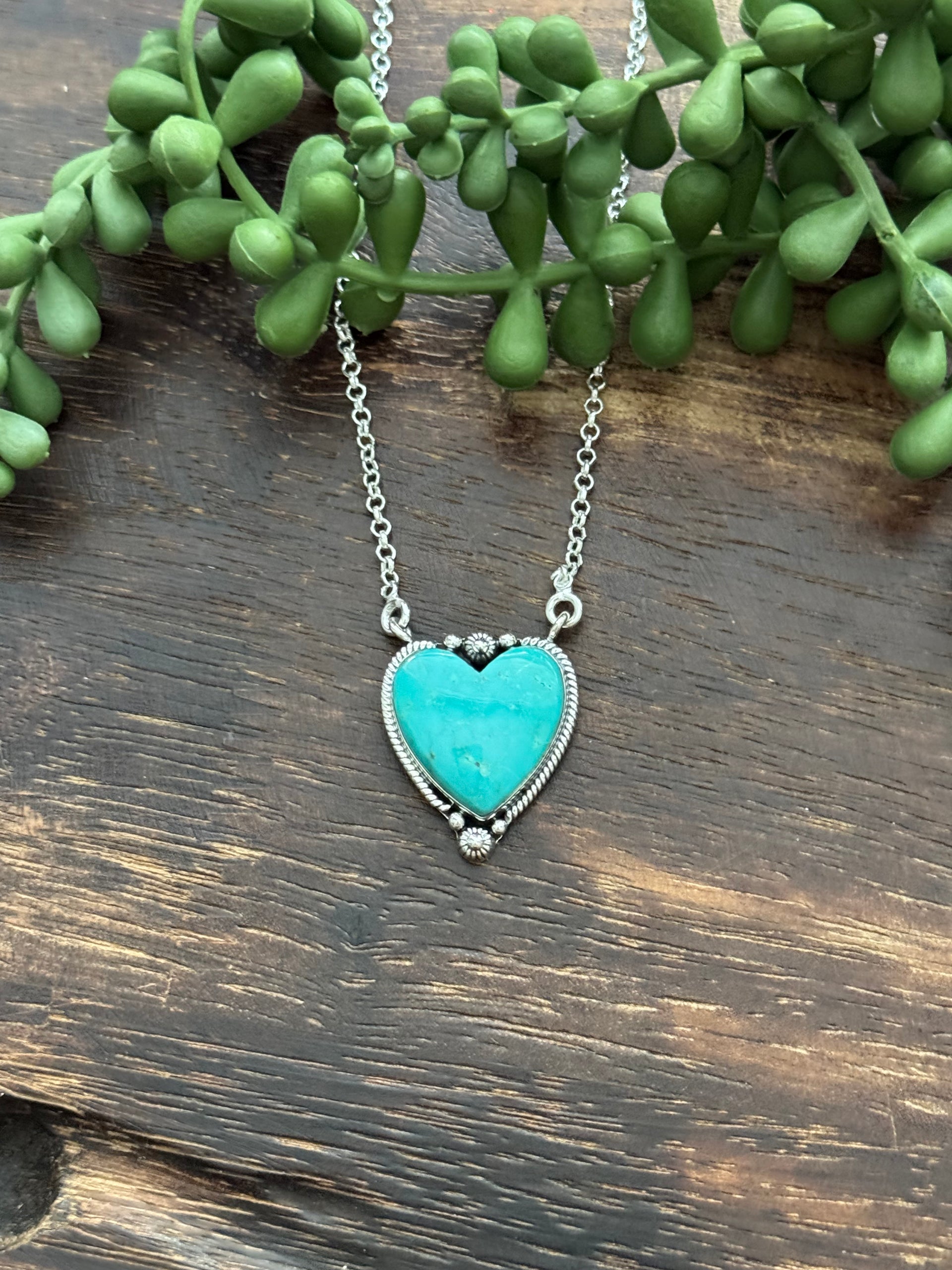 Southwest Handmade Kingman Turquoise & Sterling Silver Heart Necklace
