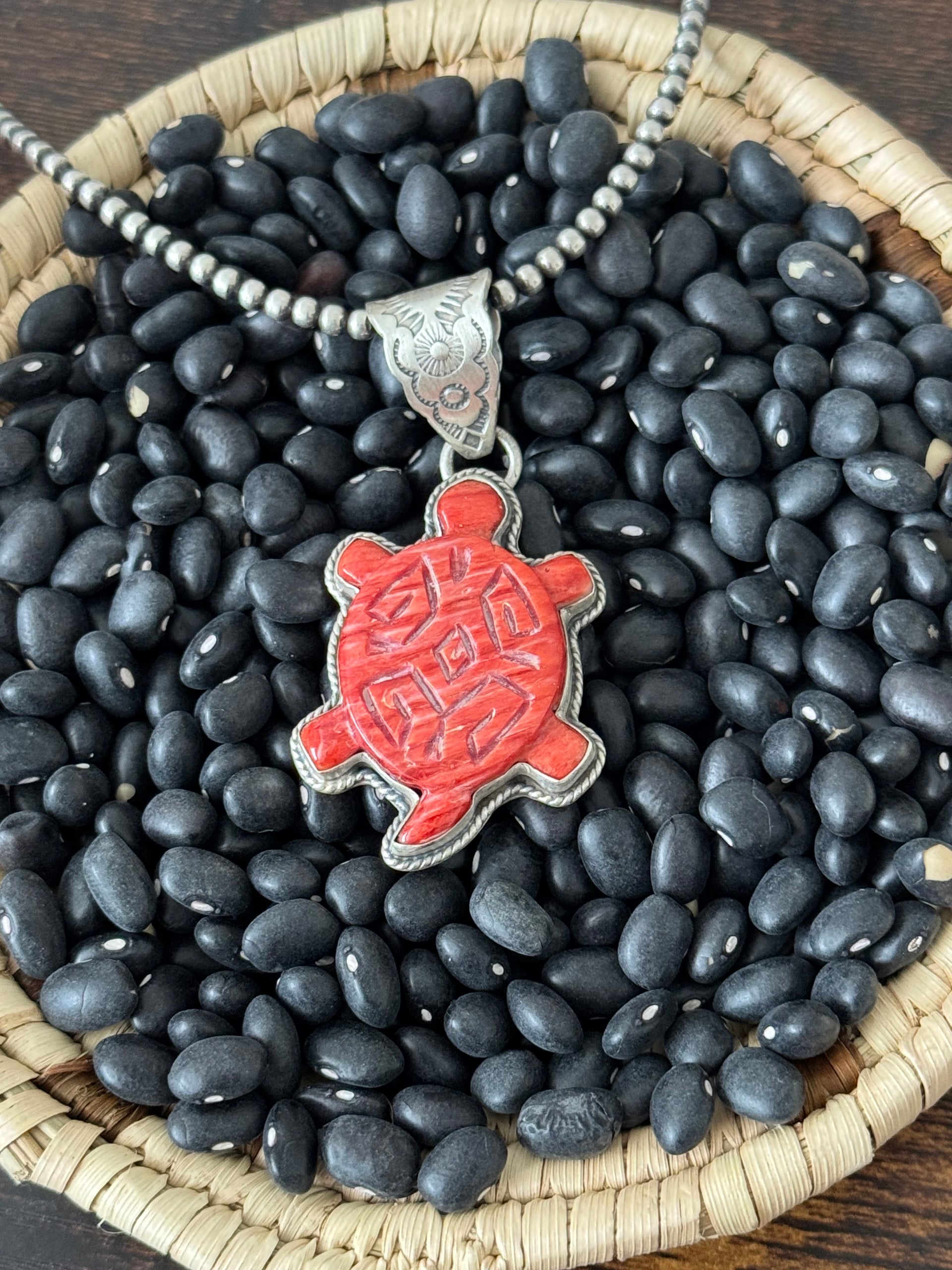 Navajo Made Red Spiny Oyster & Sterling Silver Turtle Pendant