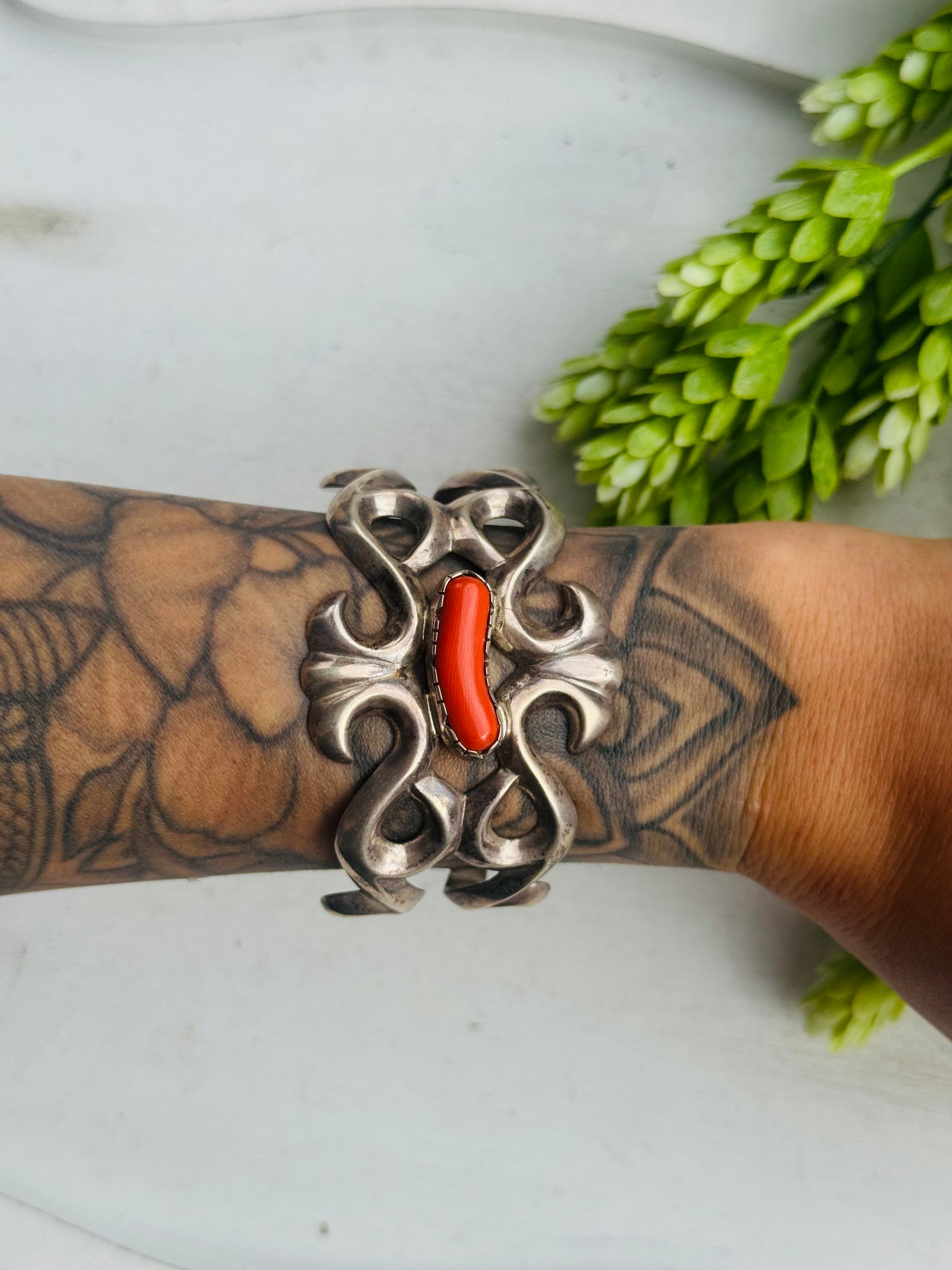 Vintage Navajo Made Mediterranean Coral & Sterling Silver Cuff Bracelet