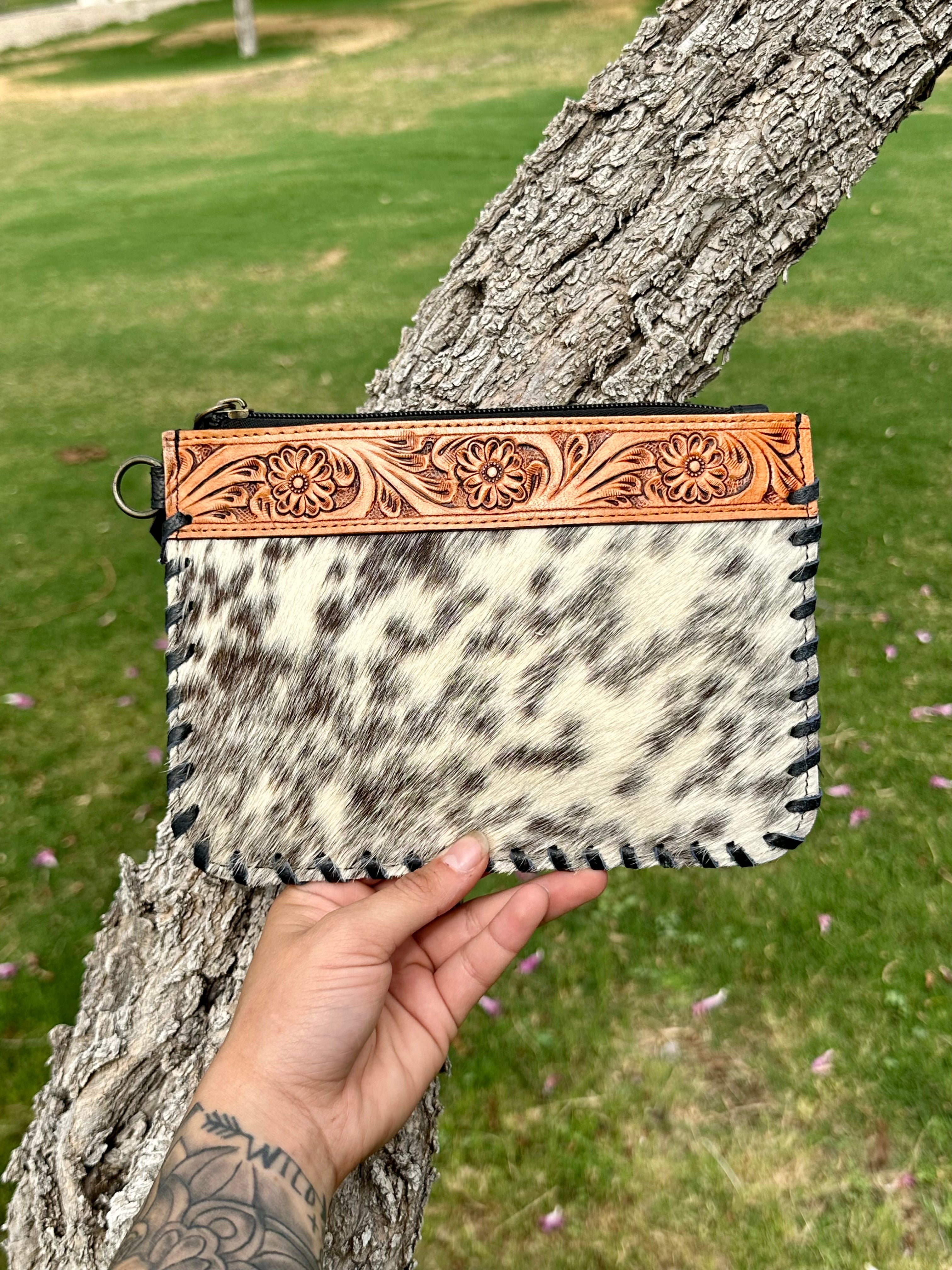 Genuine Tooled Leather Cowhide Wristlet Wallet