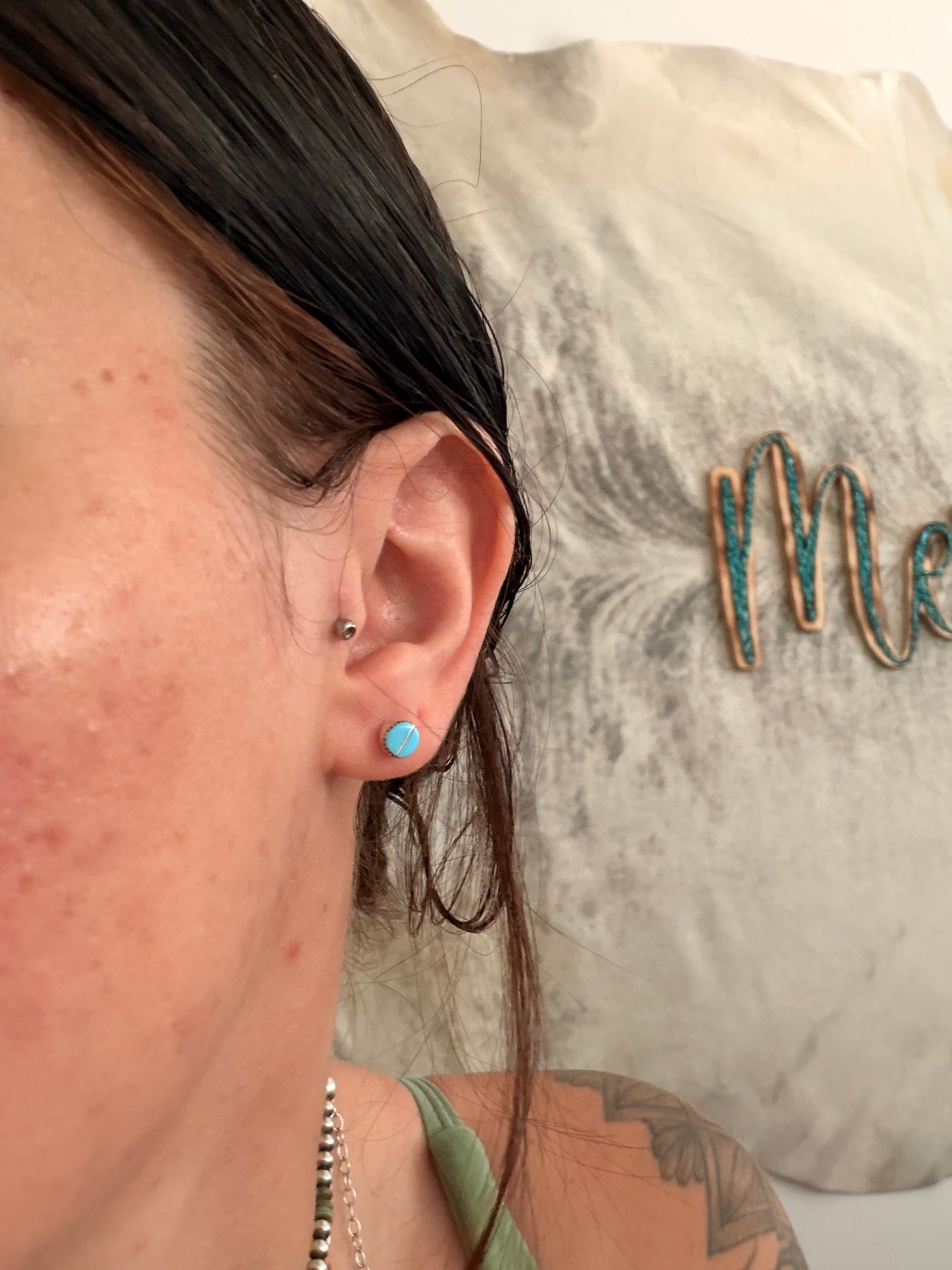 Zuni Made Kingman Turquoise & Sterling Silver Post Inlay Earrings