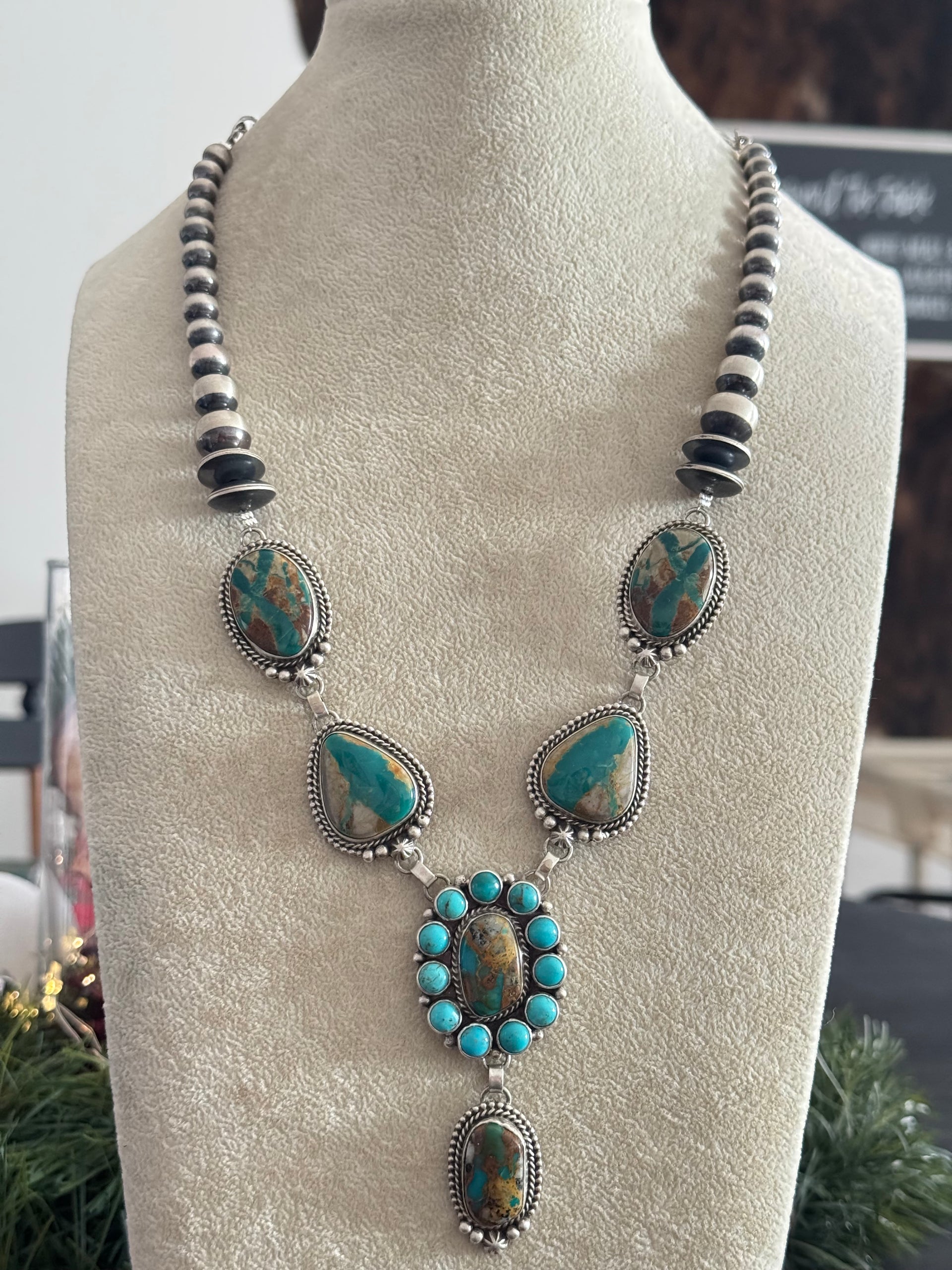 Eli Skeets Mixed Turquoise & Sterling Silver Graduated Pearl Cluster Lariat Necklace