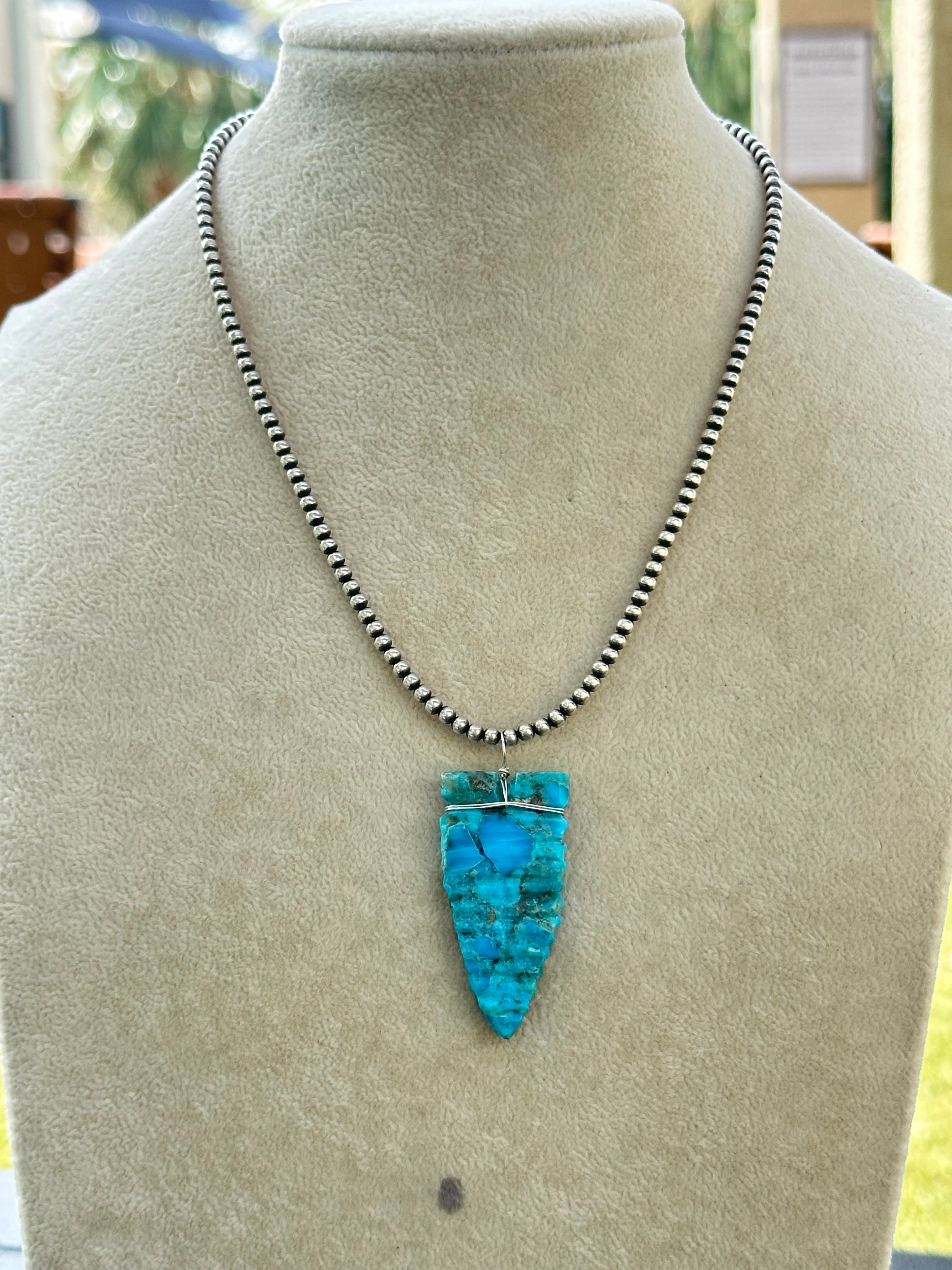 Navajo Handmade Kingman Turquoise Slab & Sterling Silver Arrow Pendant