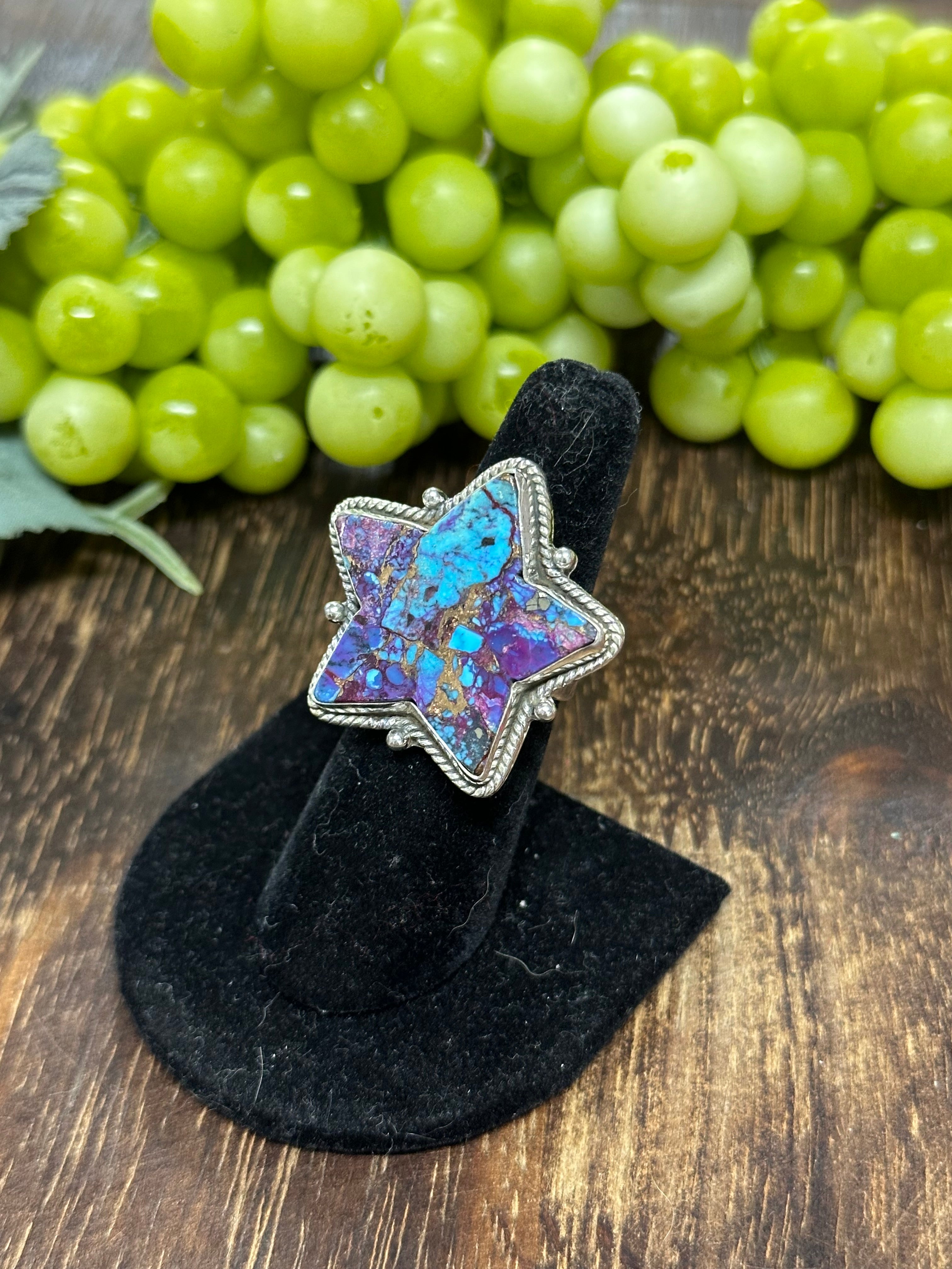 Southwest Handmade Mohave Turquoise & Sterling Silver Adjustable Star Ring