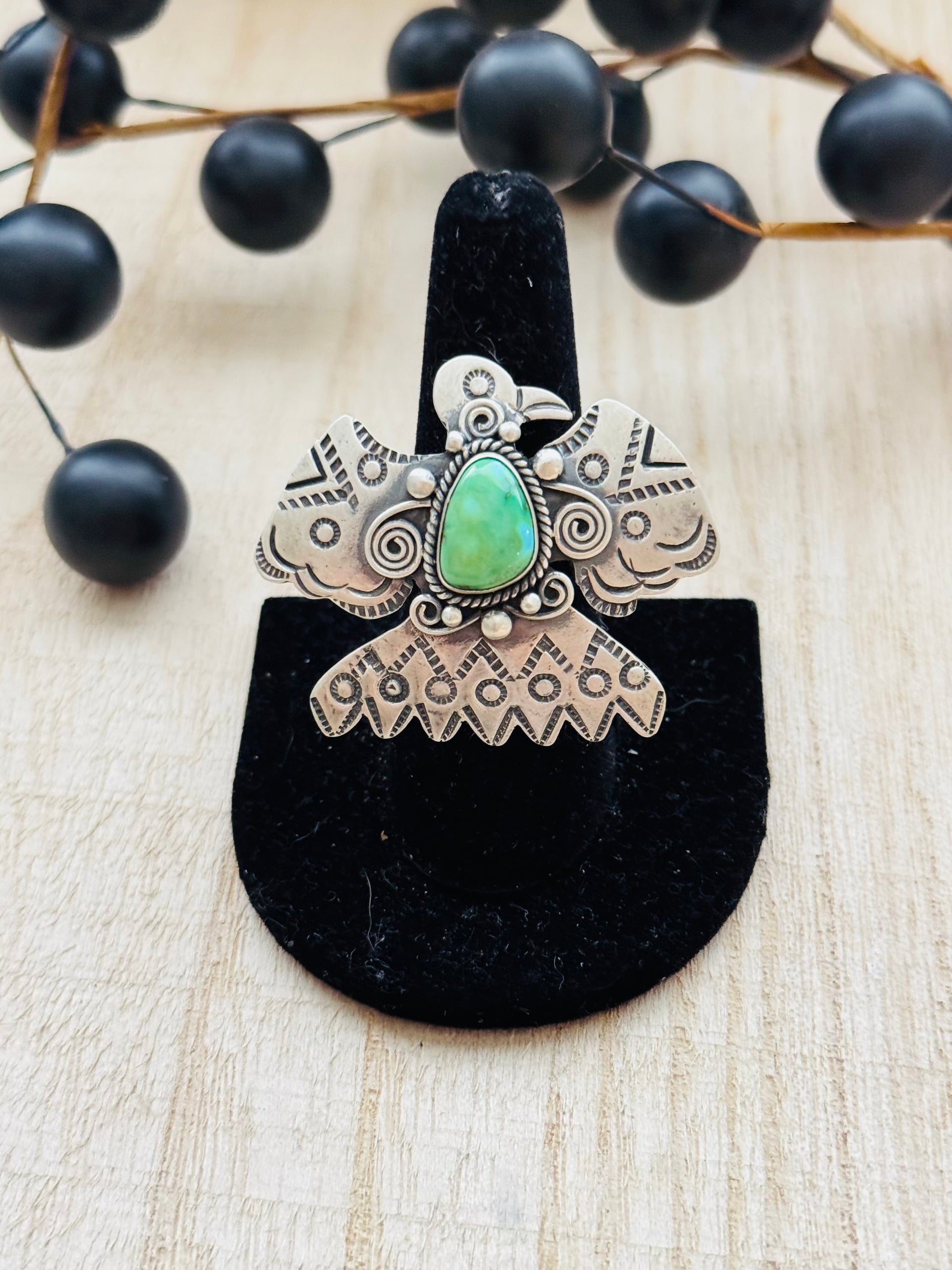 Southwest Handmade Sonoran Mountain Turquoise & Sterling Silver Adjustable Thunderbird Ring