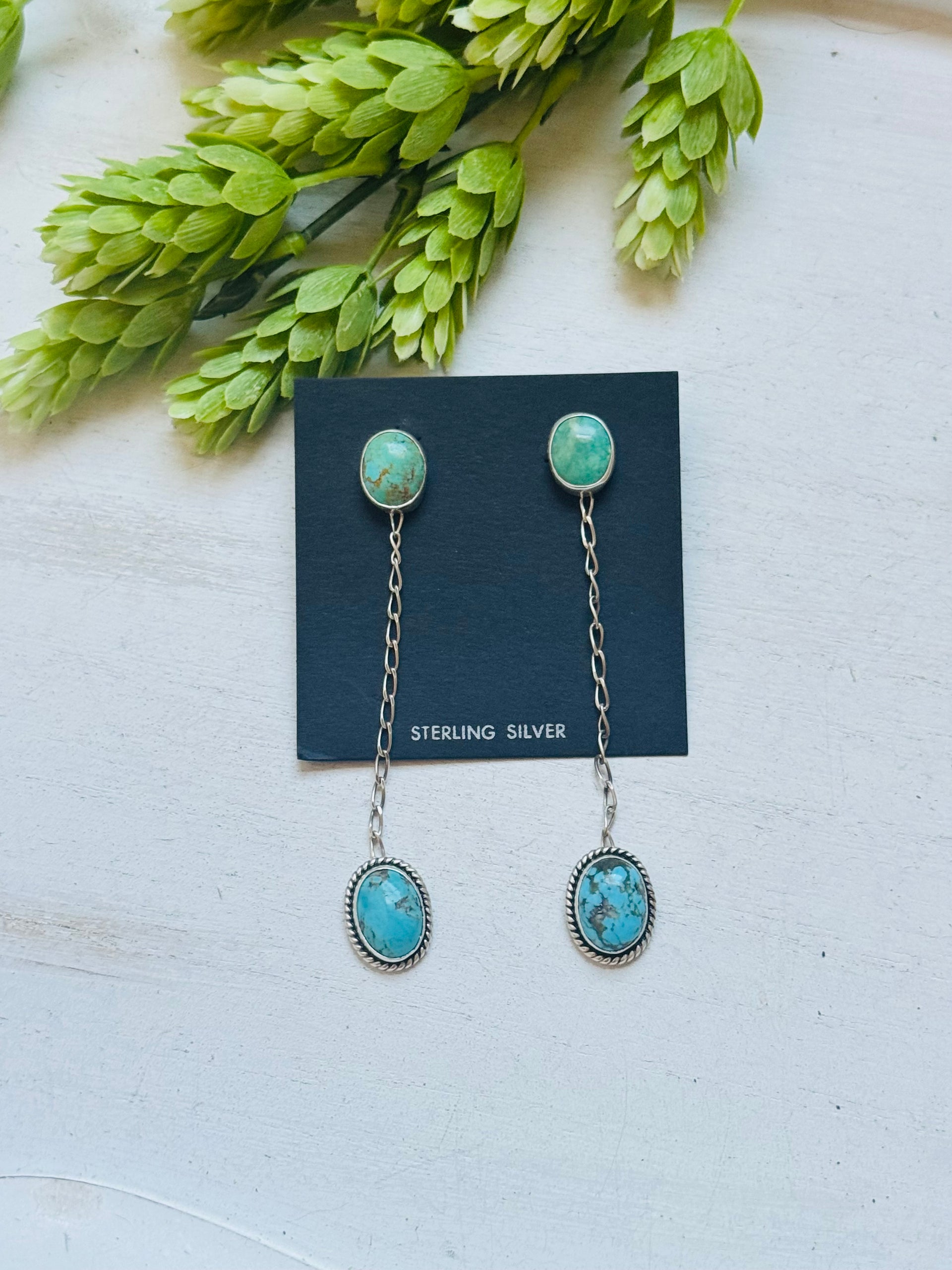 Navajo Made Kingman Turquoise & Sterling Silver Post Dangle Earrings