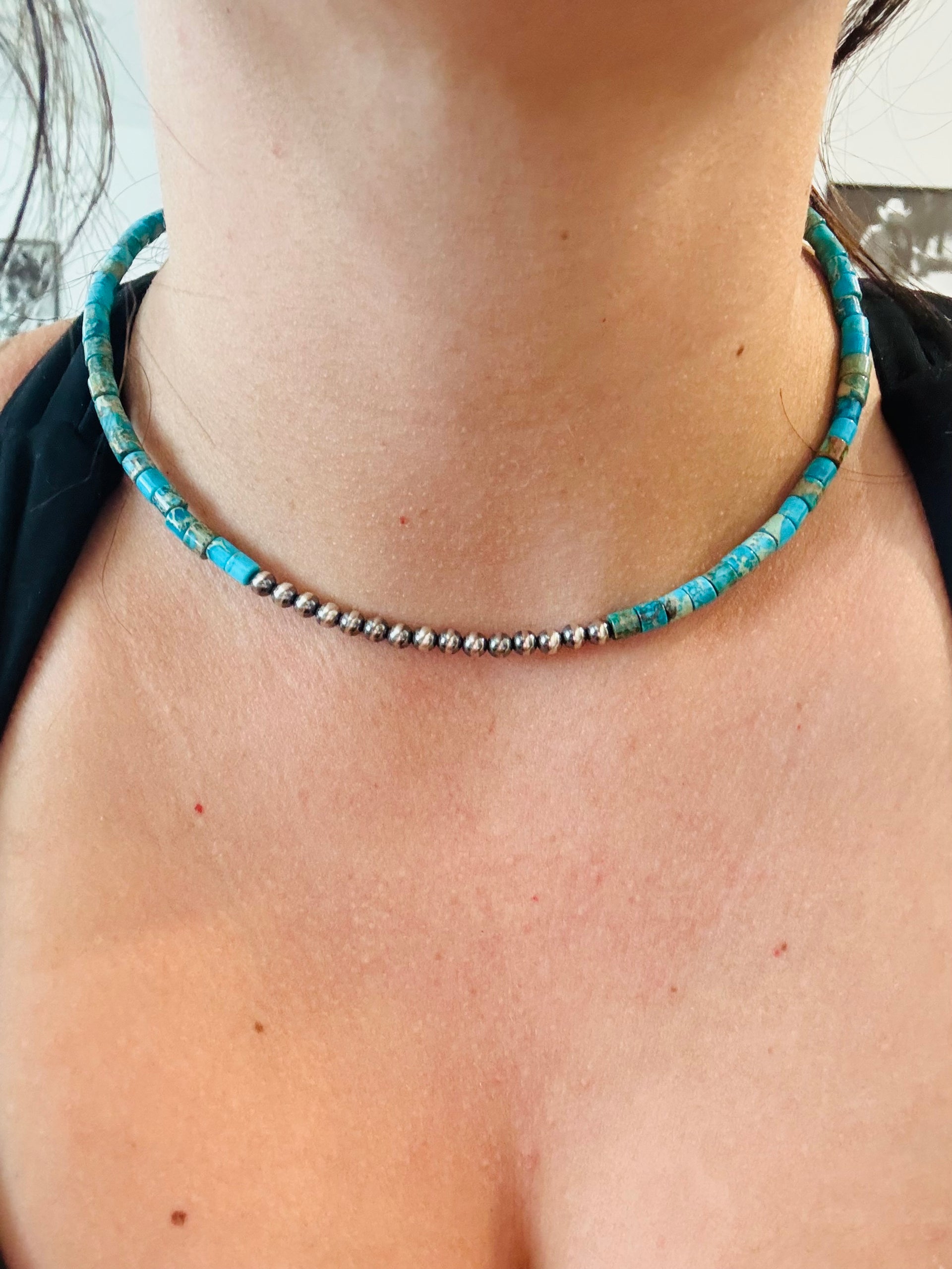 Southwest Handmade Mohave  Turquoise & Sterling Silver Adjustable Beaded Choker Necklace