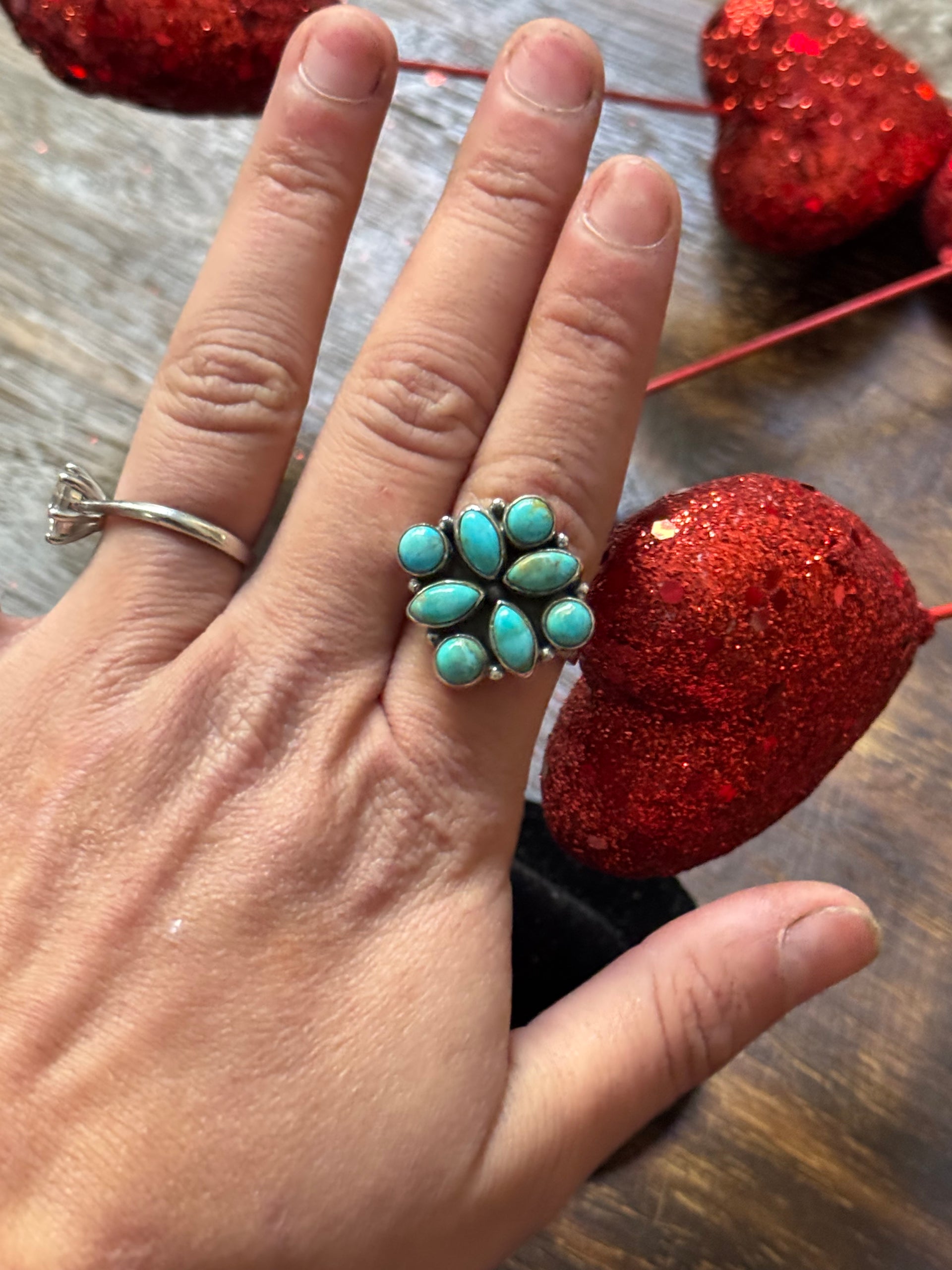 Southwest Handmade Kingman Turquoise & Sterling Silver Adjustable Cluster Ring