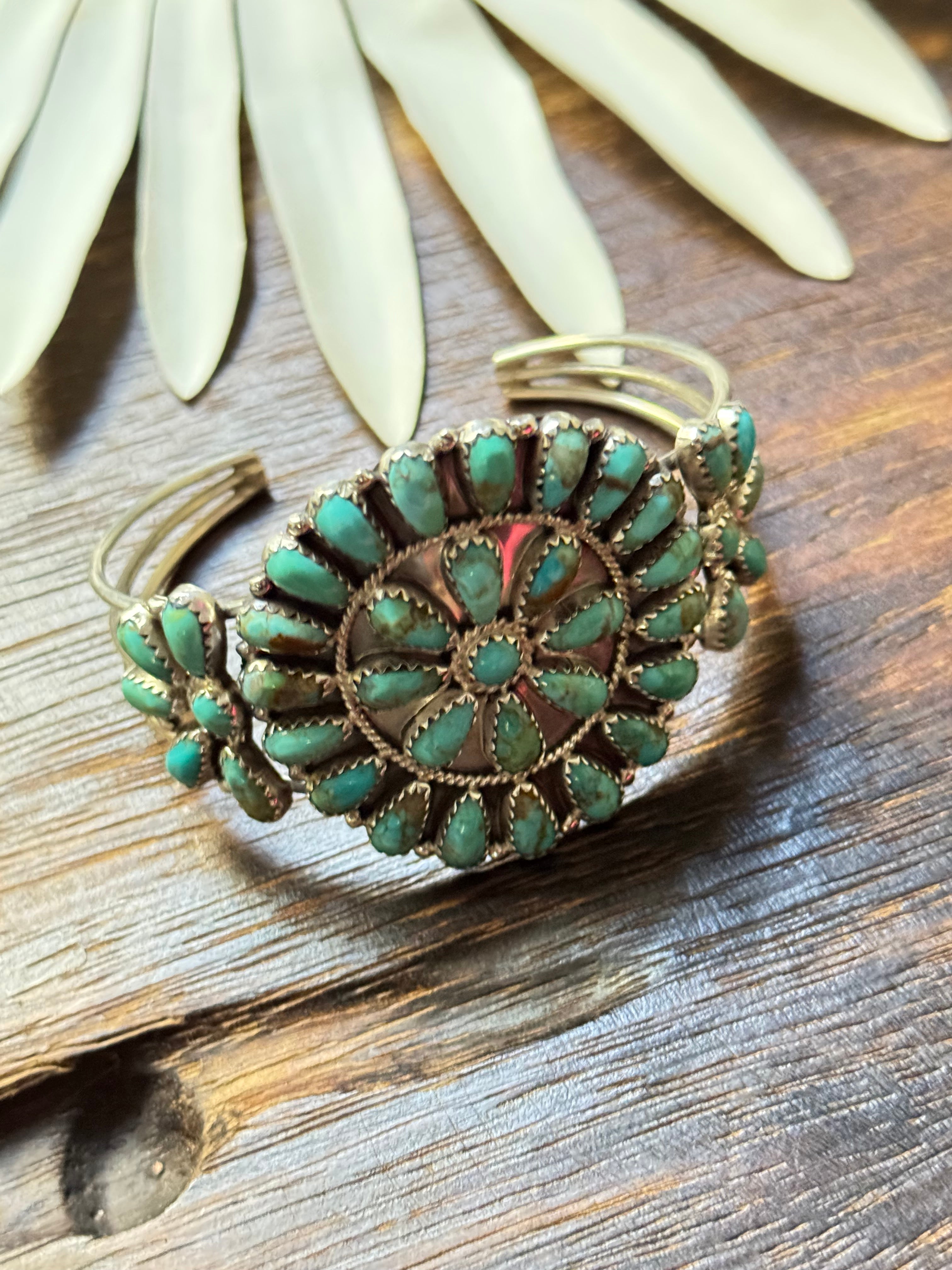 Navajo Made Kingman Turquoise & Sterling Silver Cluster Cuff Bracelet