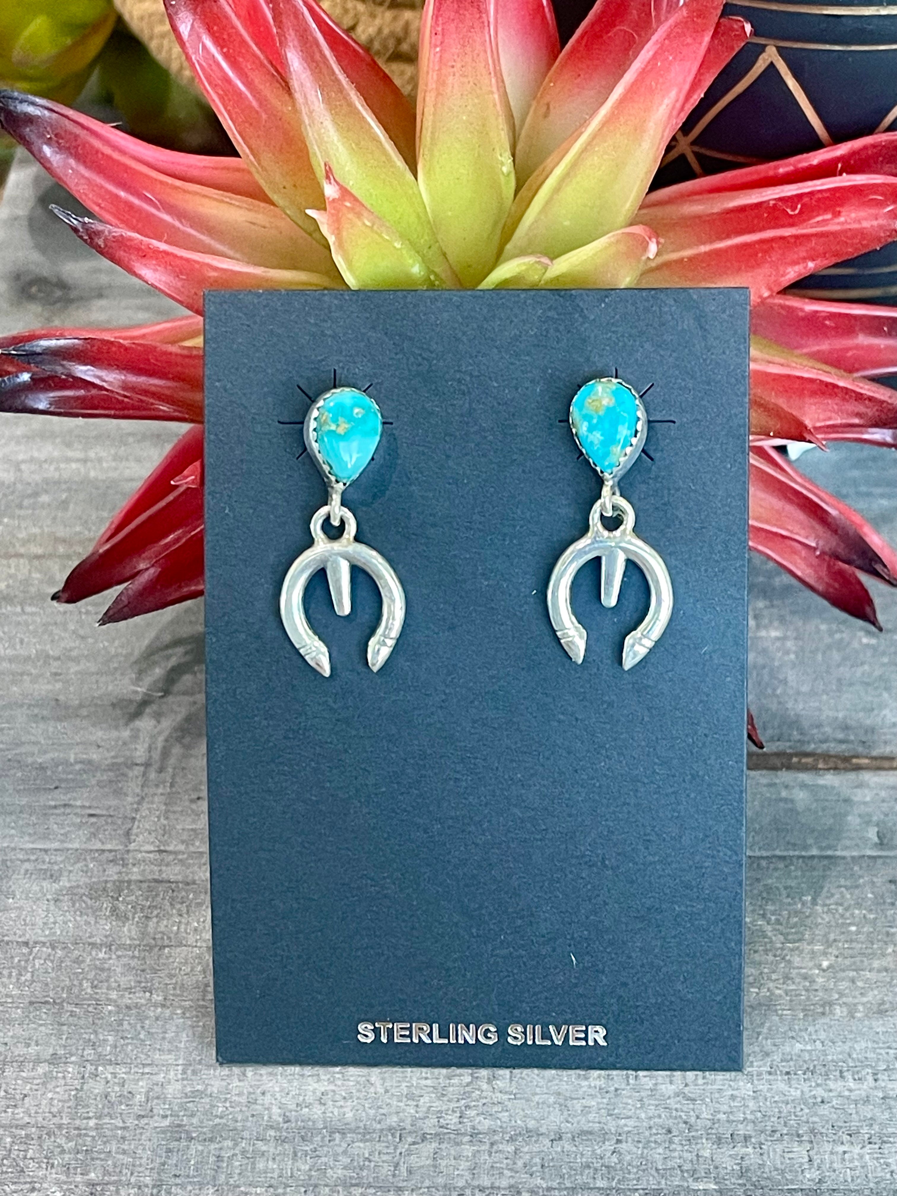 Southwest Handmade Kingman Turquoise & Sterling Silver Post Dangle Naja Earrings