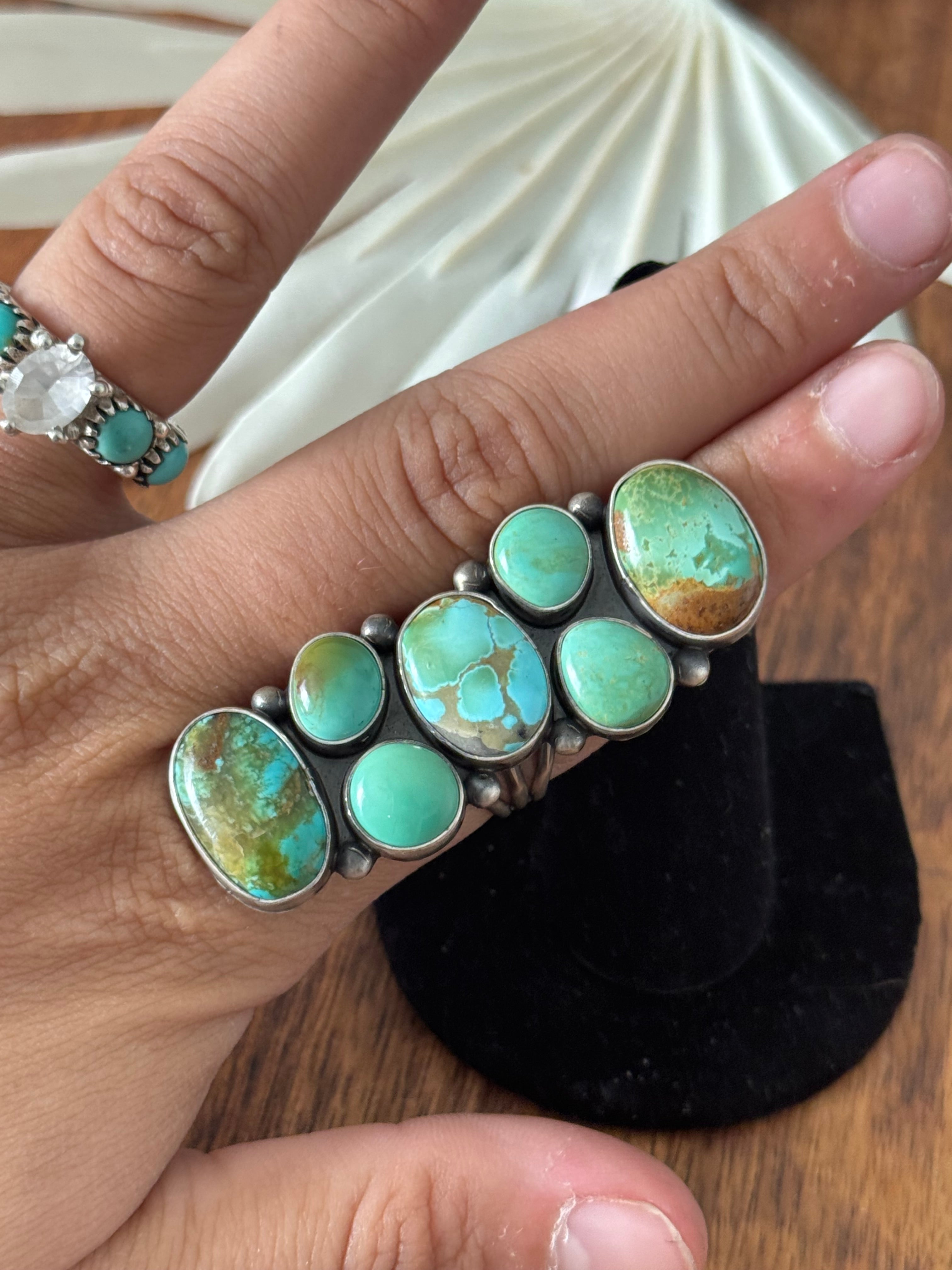 Navajo Made Royston Turquoise & Sterling Silver Cluster Ring Size 7.5