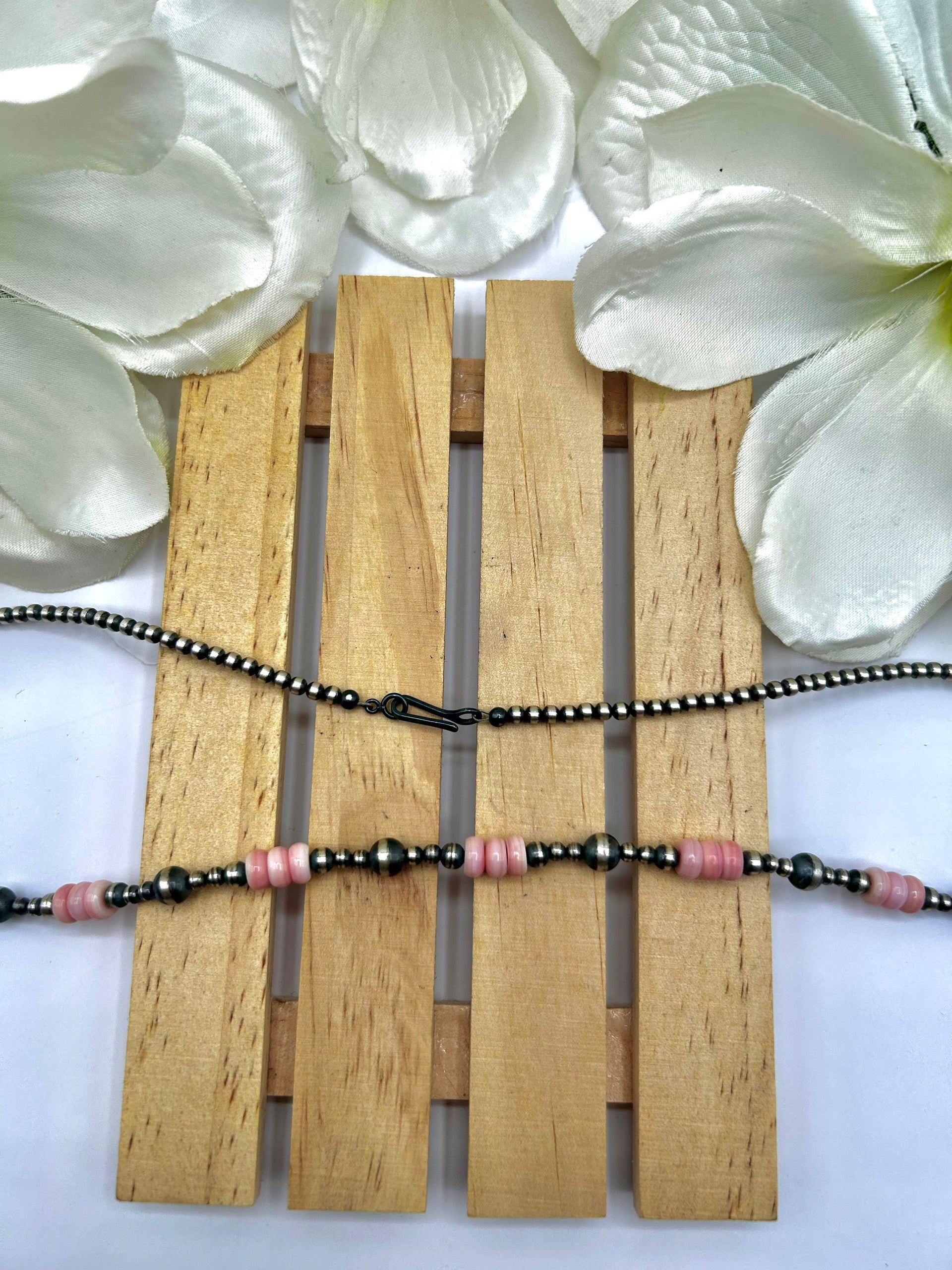Navajo Made Strung Pink Conch & Sterling Silver Necklace