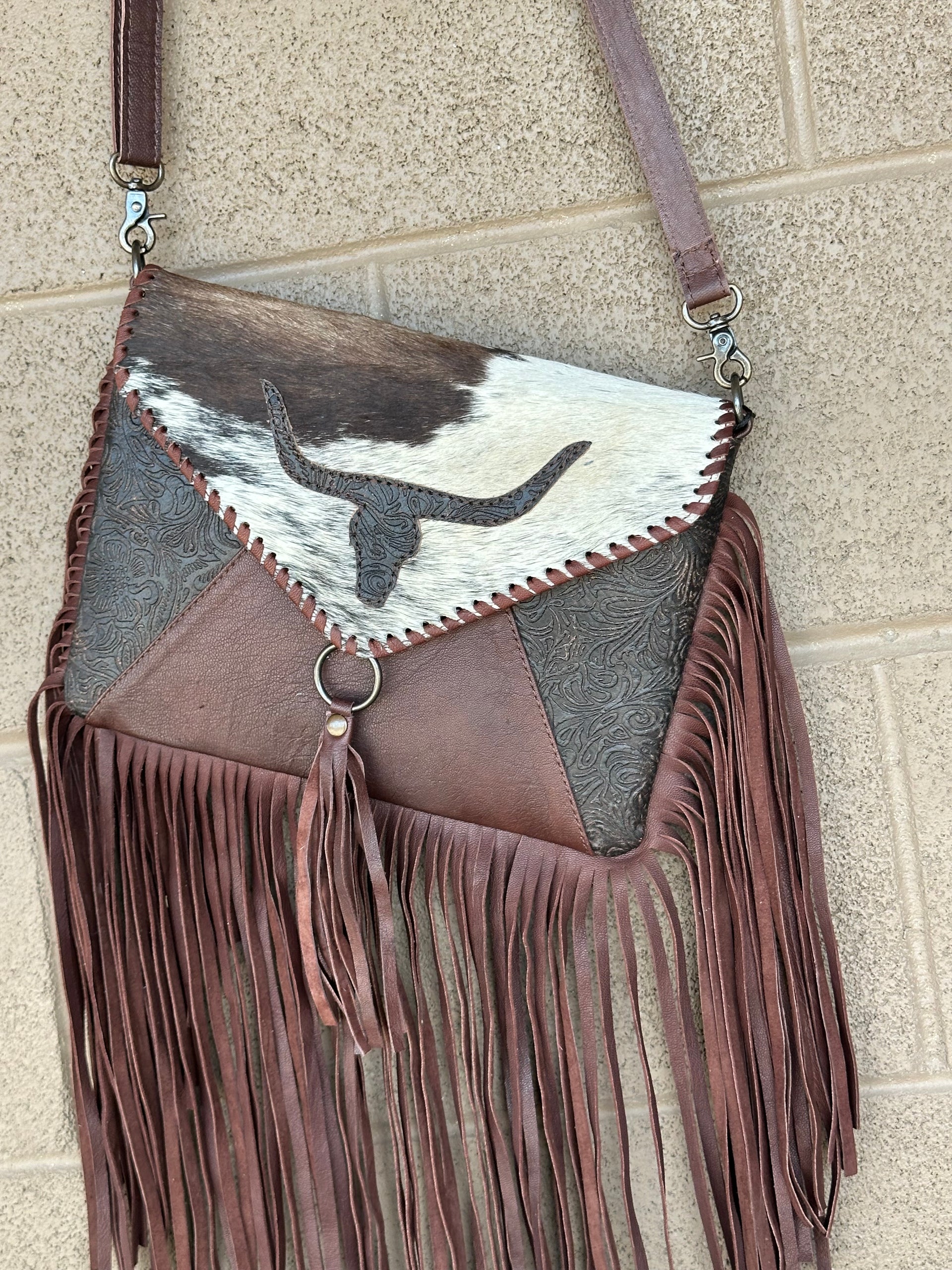 Genuine Tooled Leather & Cowhide Fringe Purse