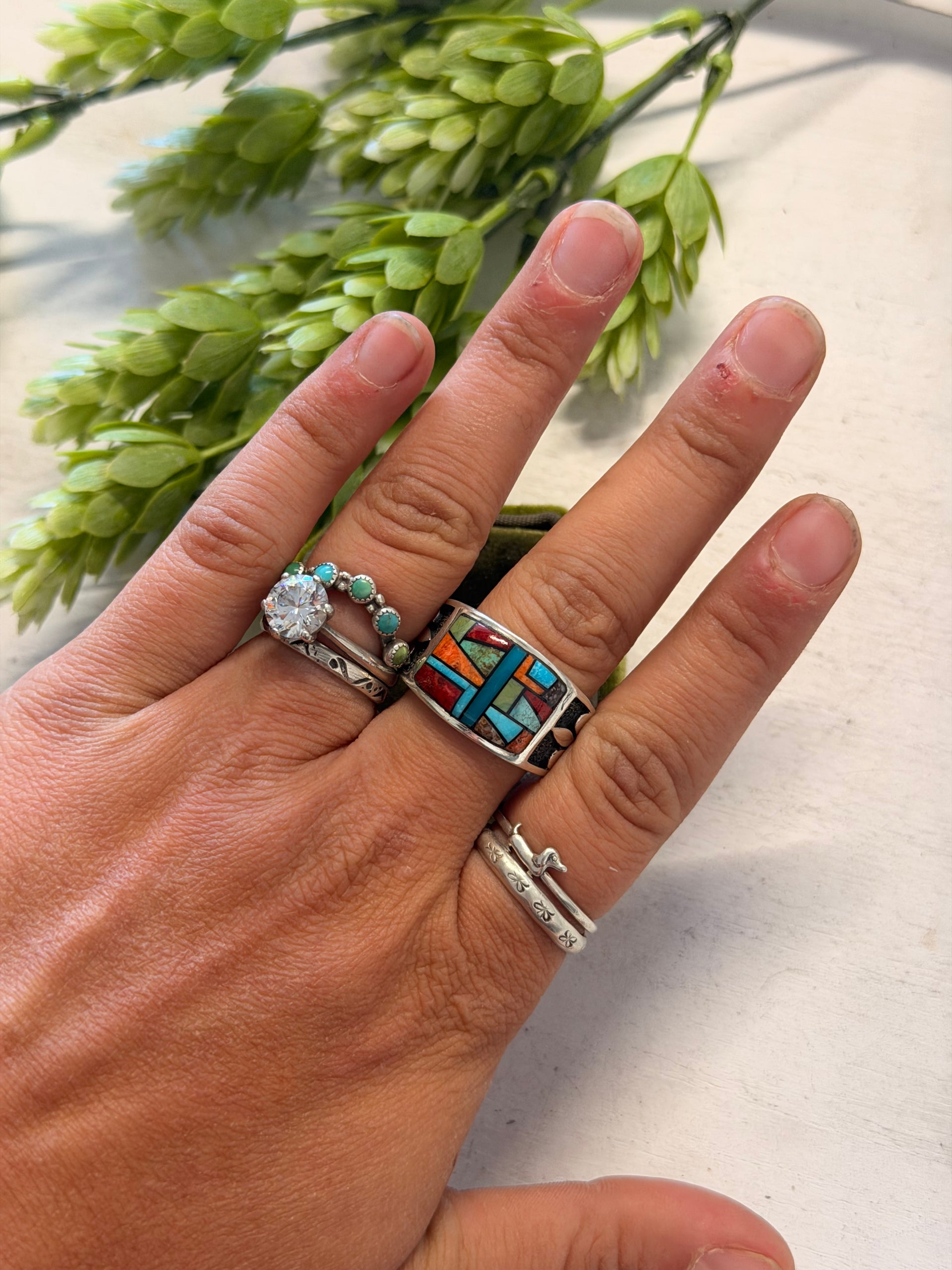 Navajo Made Multi Stone & Sterling Silver Inlay Ring Size 11