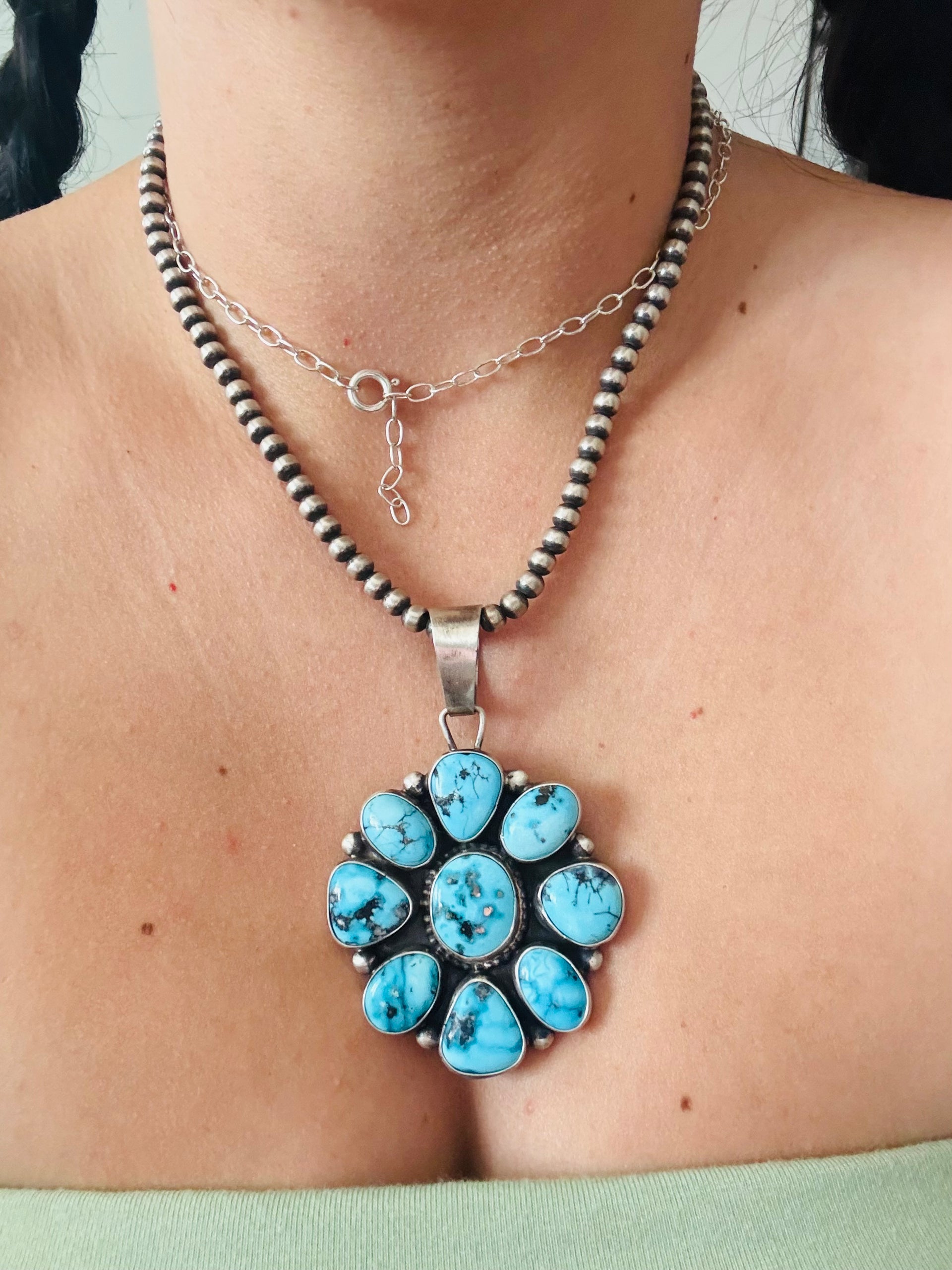 Navajo Made Blue Ridge Turquoise & Sterling Silver Cluster Pendant