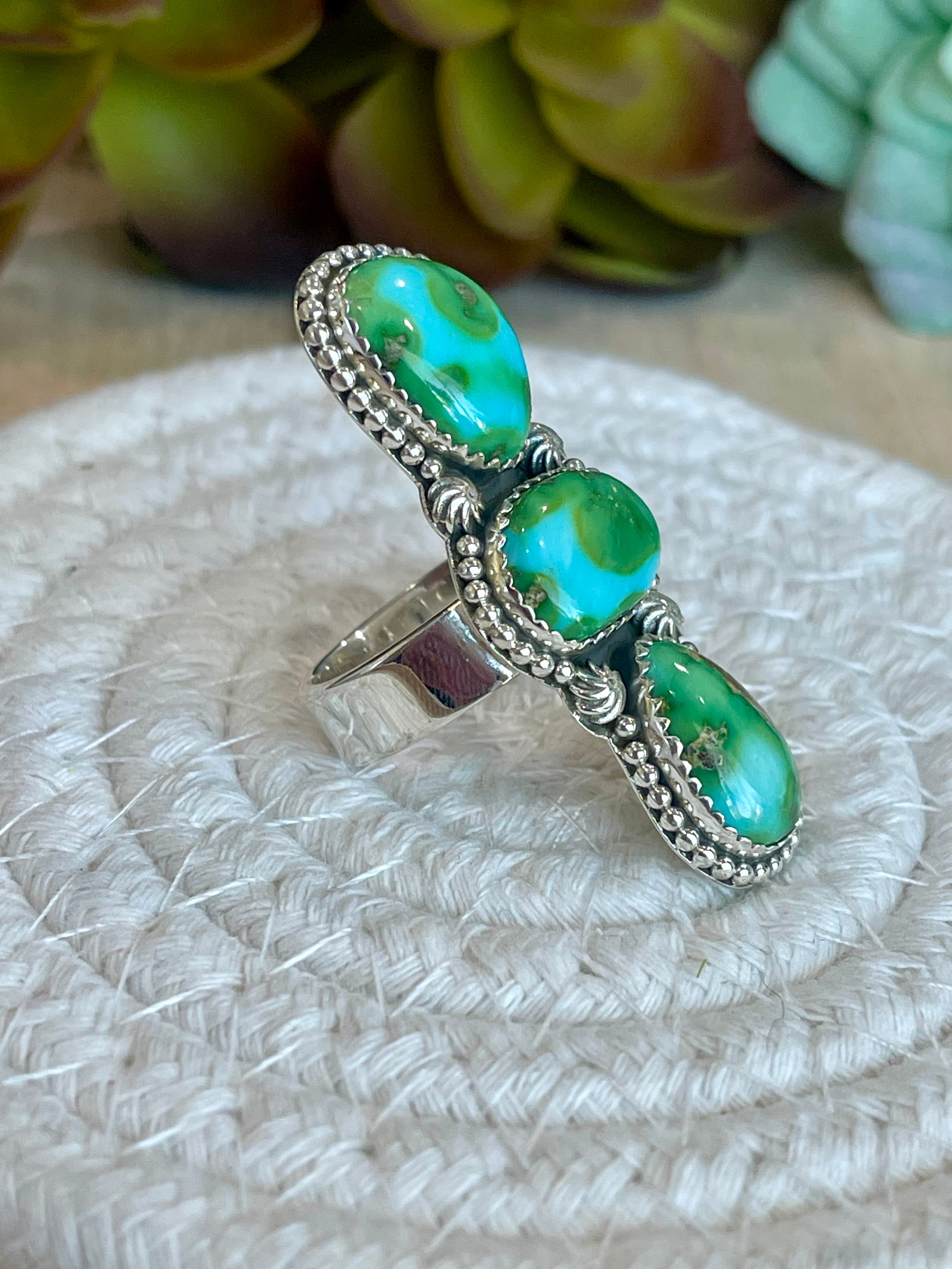 Southwest Handmade Sonoran Mountain Turquoise & Sterling Silver Adjustable 3 Srone Ring