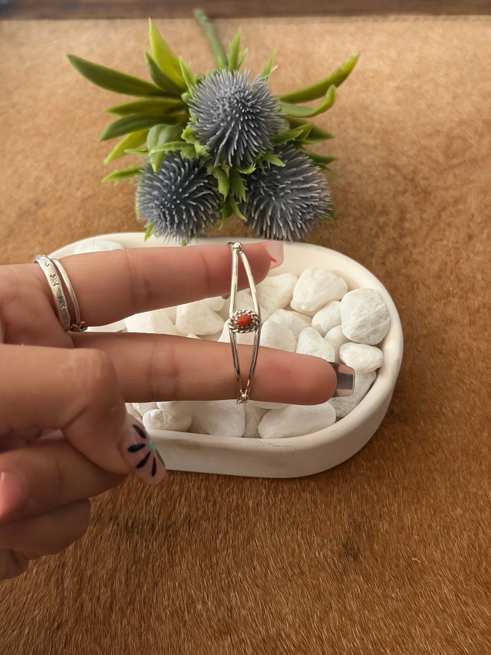 Navajo Made Coral & Sterling Silver Baby Cuff Bracelet
