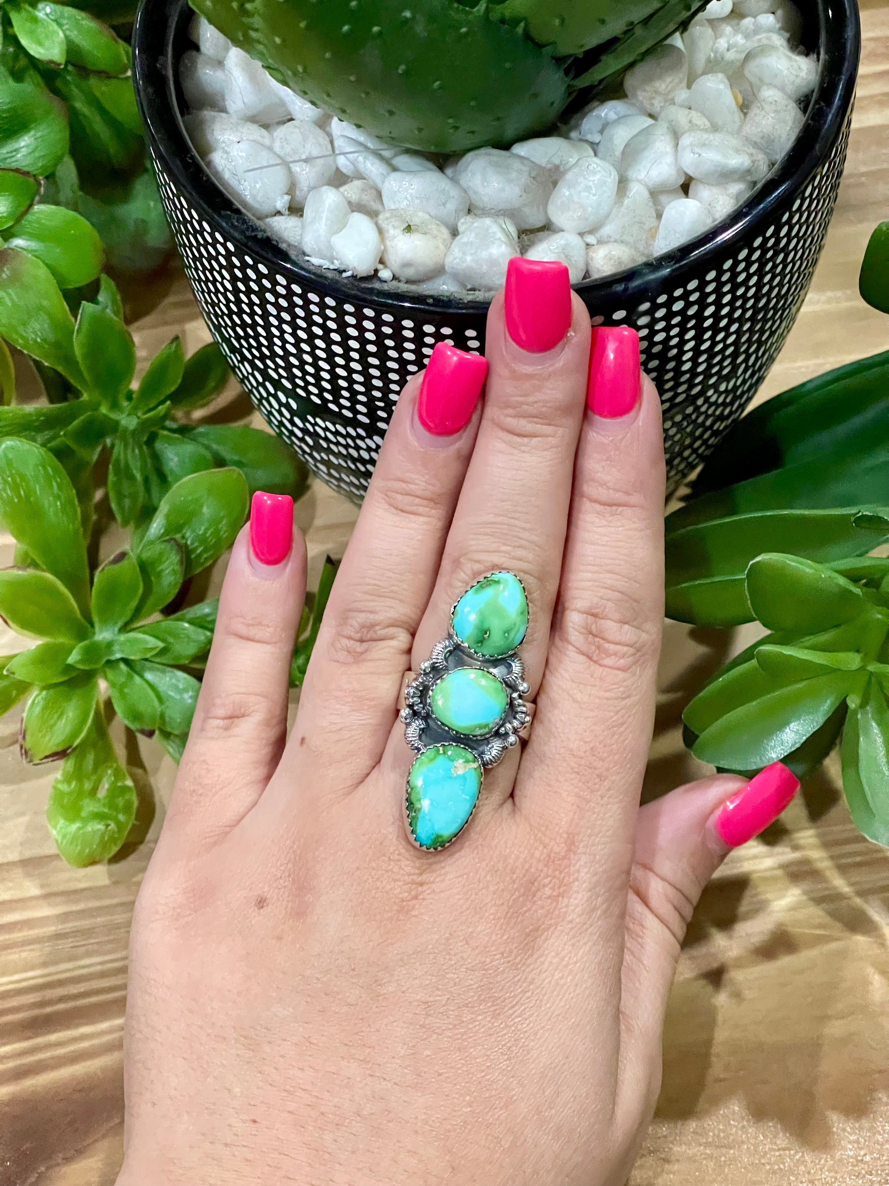 Southwest Handmade Sonoran Mountain Turquoise & Sterling Silver 3 Stone Adjustable Ring