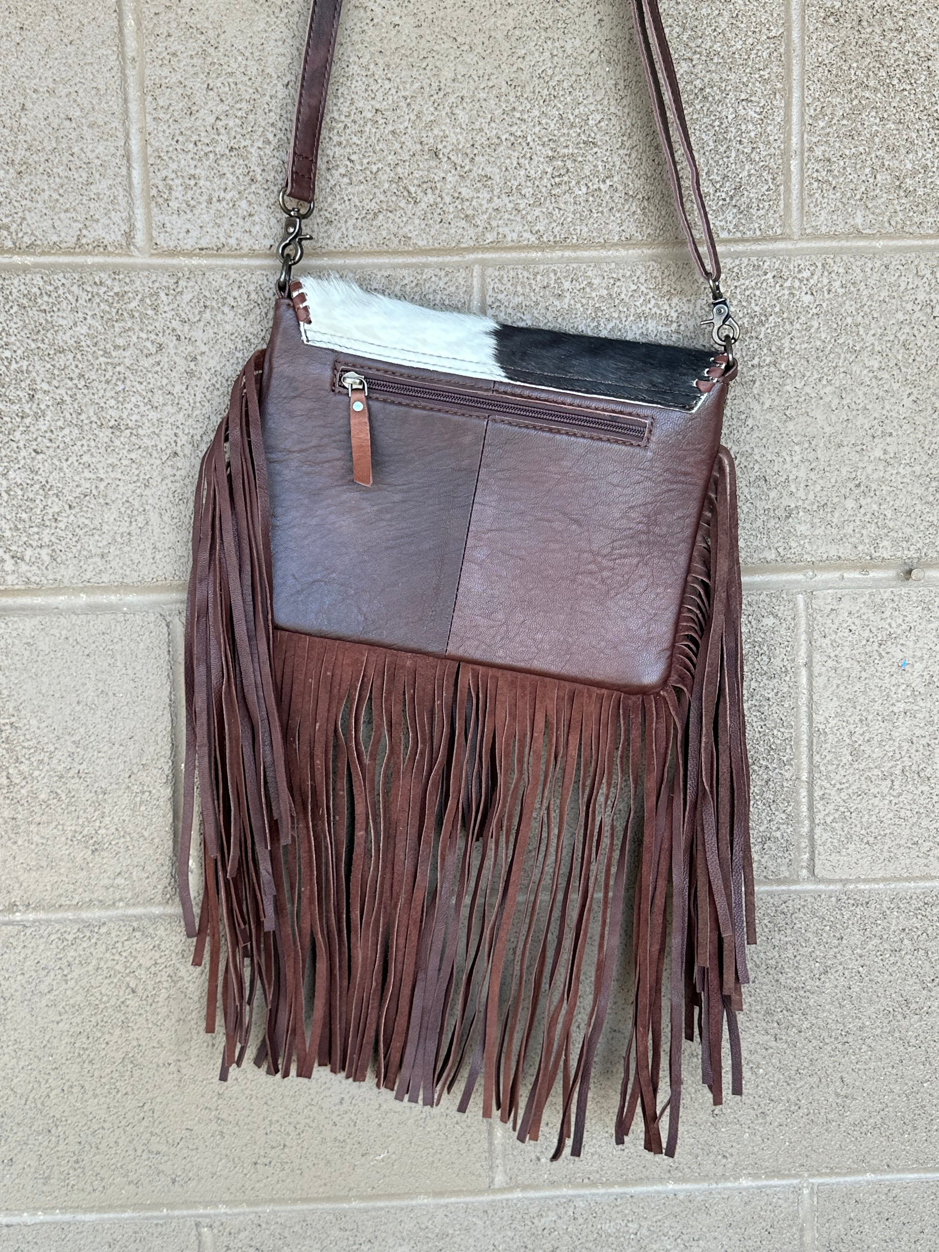 Genuine Tooled Leather & Cowhide Fringe Purse