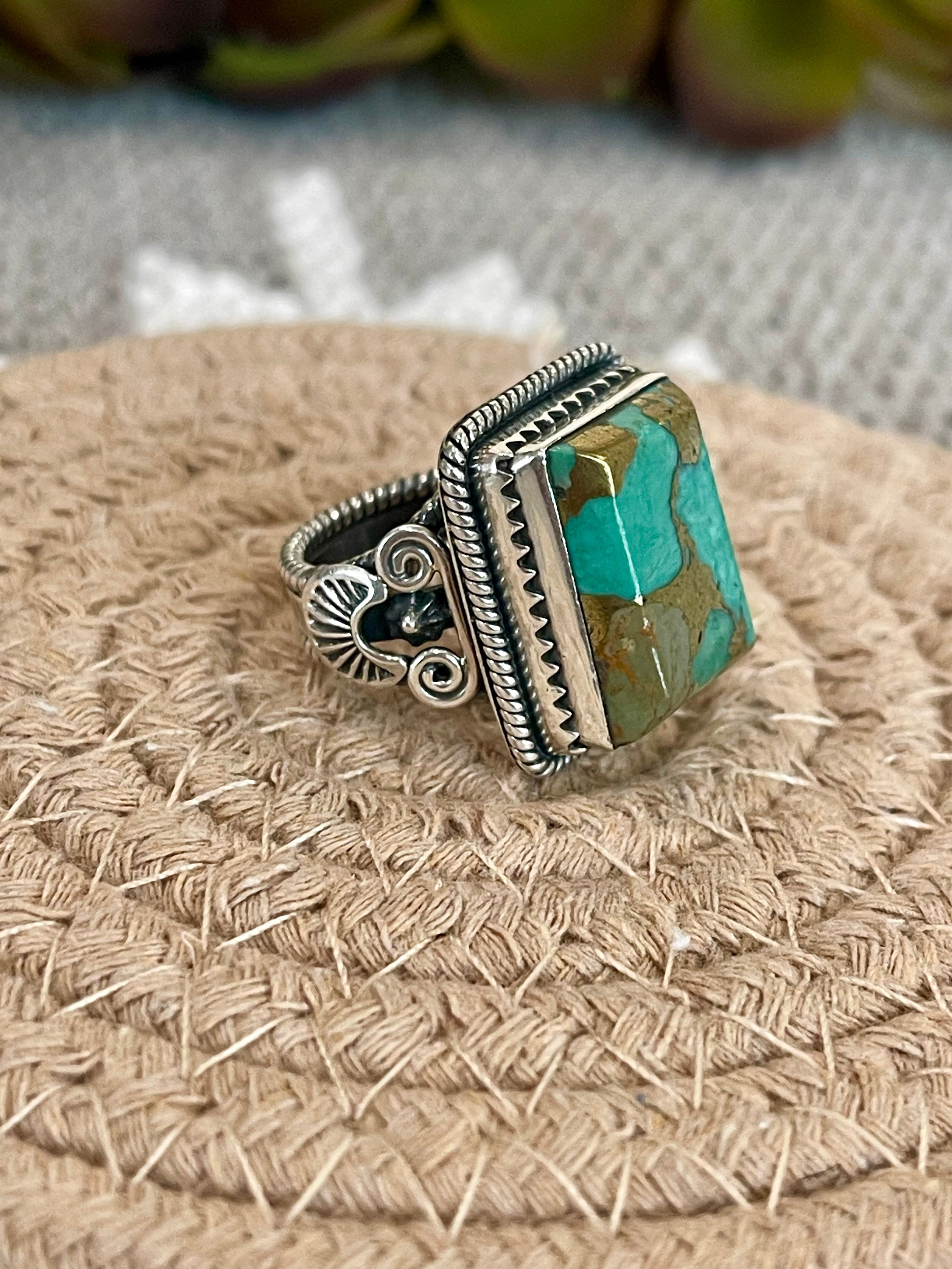 Southwest Handmade Kingman Turquoise & Sterling Silver Size 6.5 Square Ring