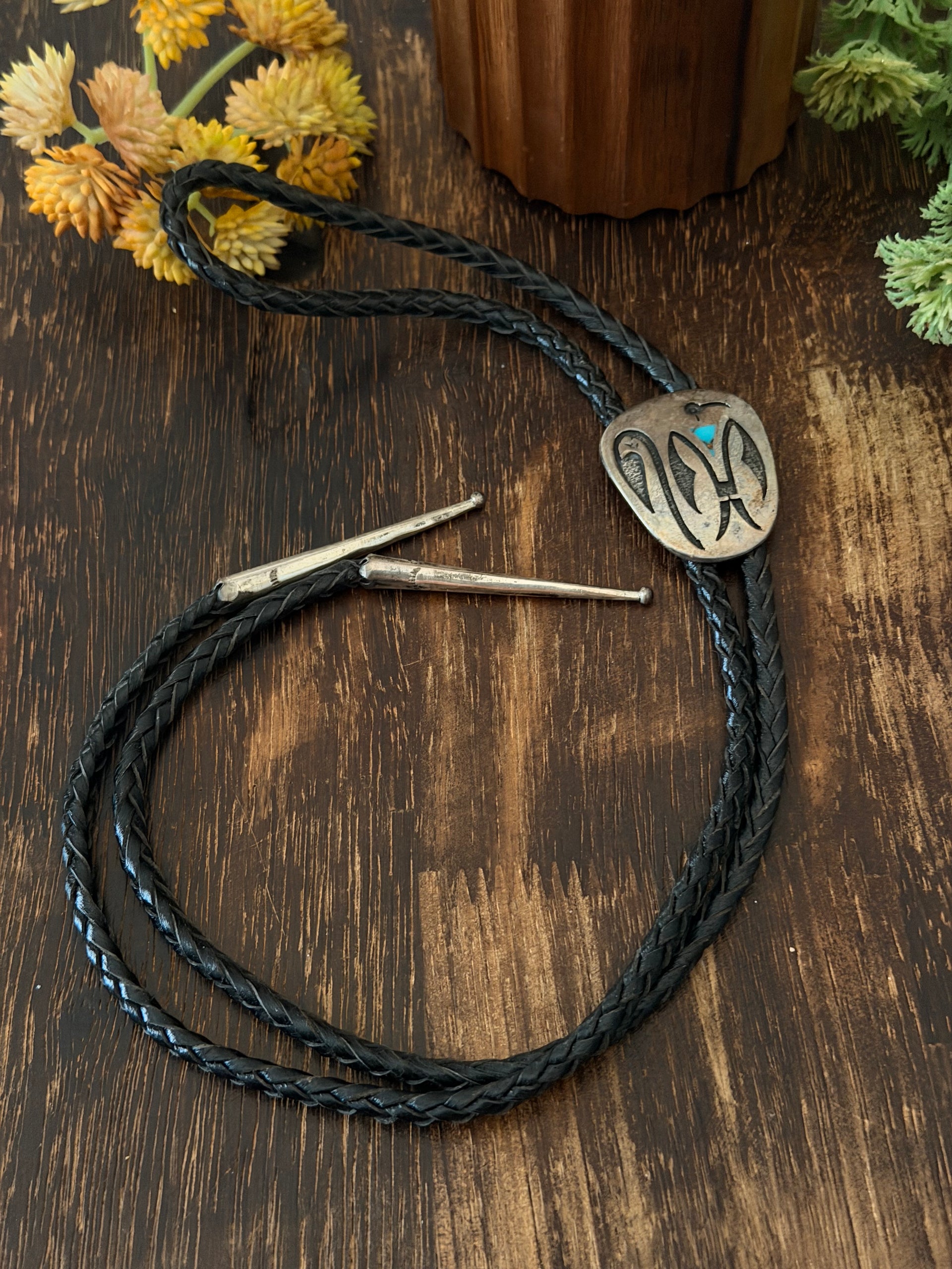 Vintage Navajo Made Turquoise & Sterling Silver Inlay Bolo Tie
