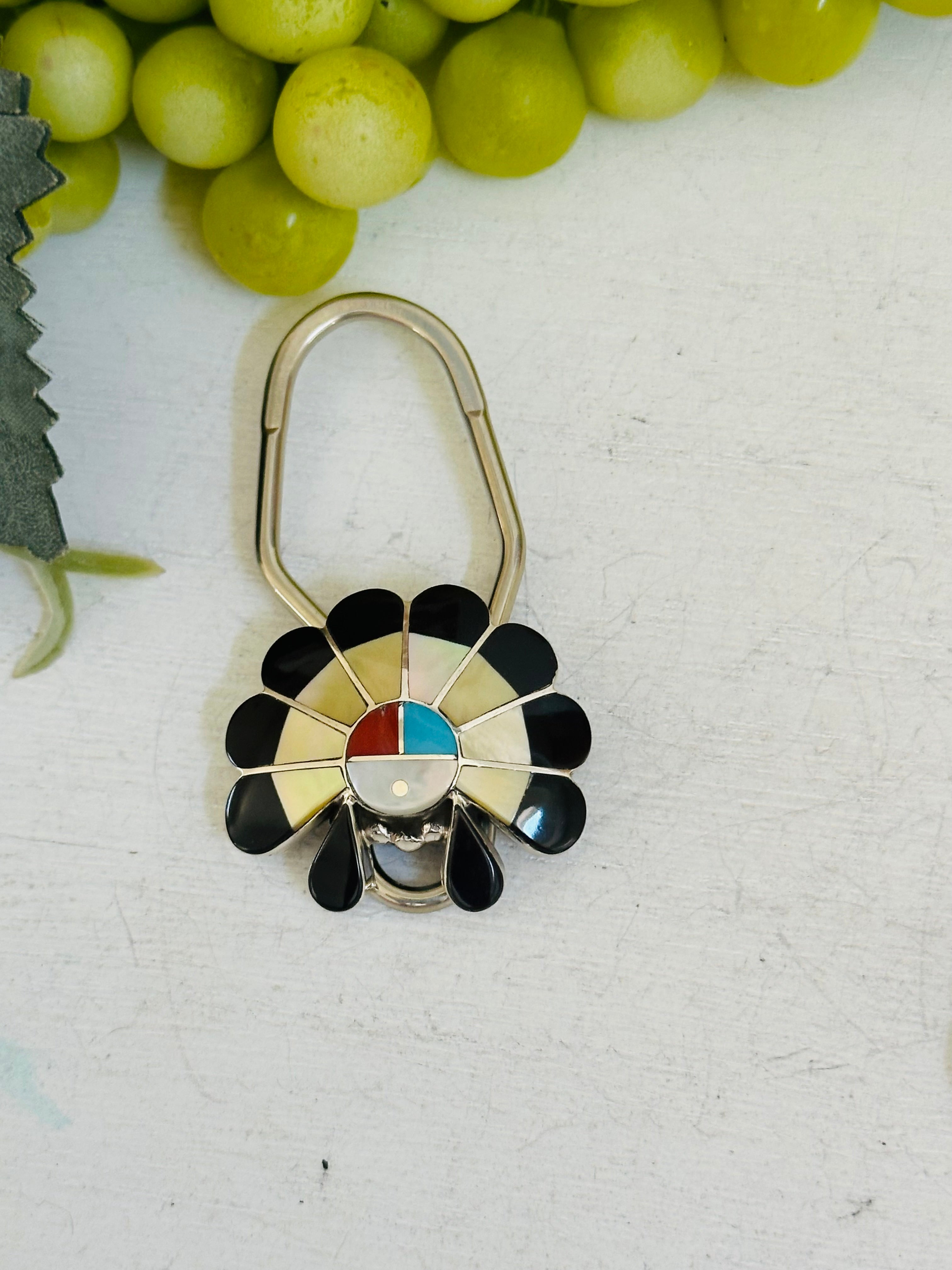 Zuni Made Sunface Inlay & Sterling Silver Keychain