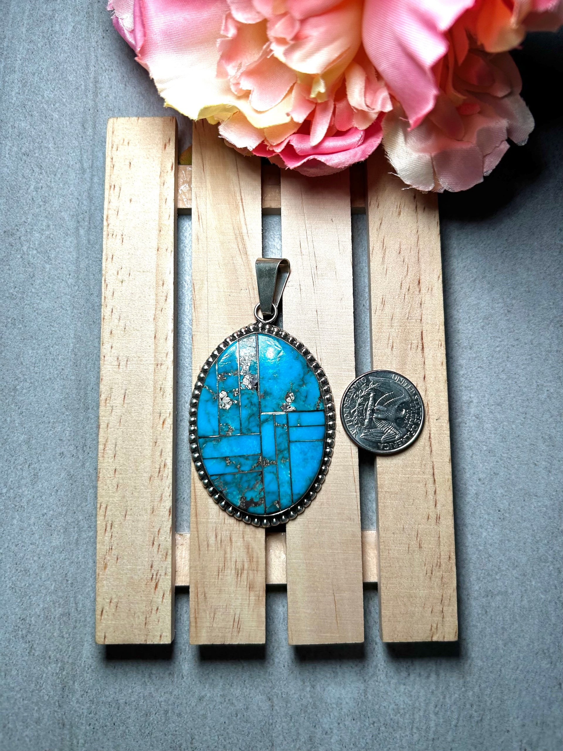 Navajo Made Kingman Turquoise & Sterling Silver Pendant