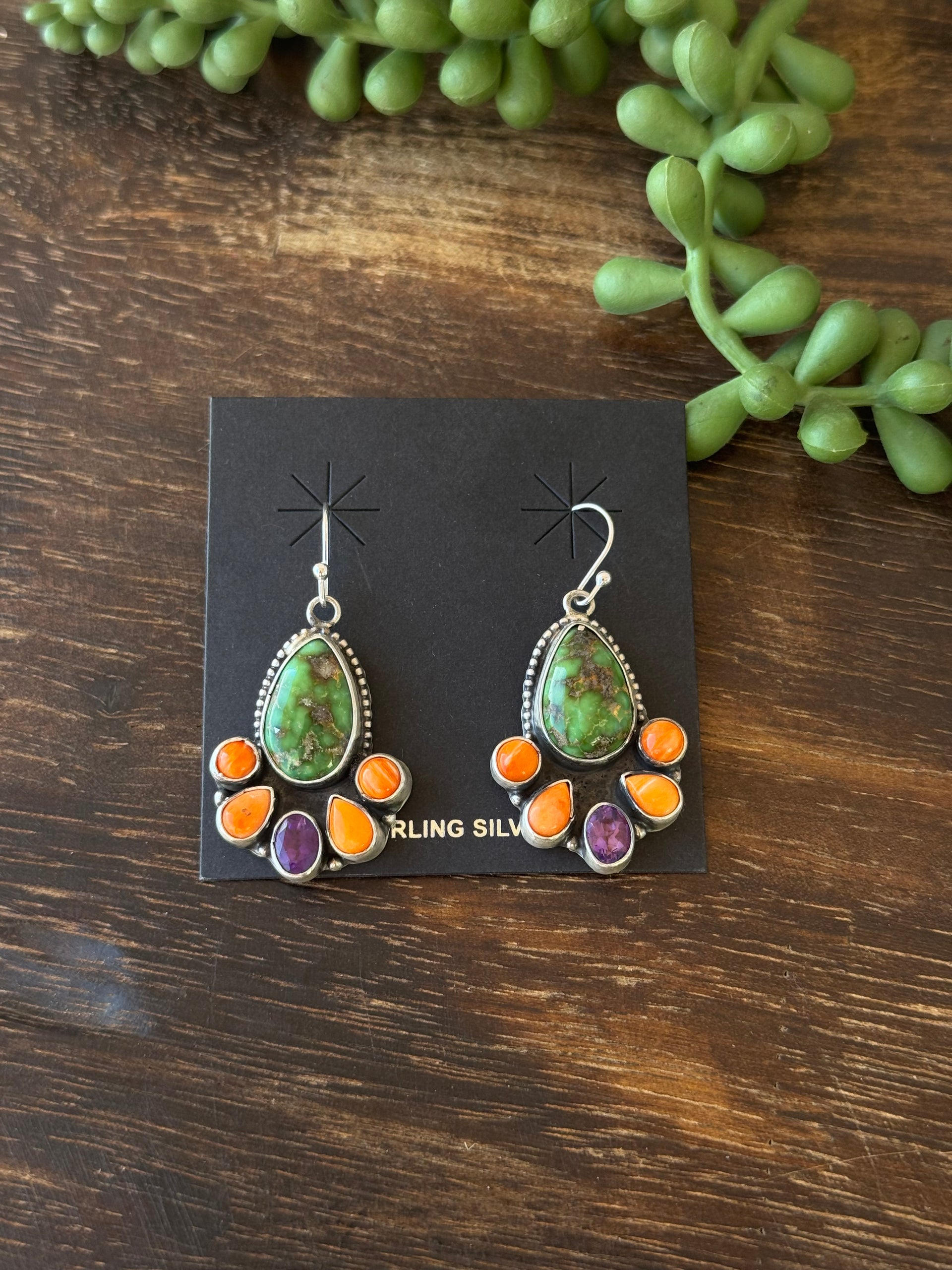 Rena Shelly Multi Stone & Sterling Silver Dangle Cluster Earrings