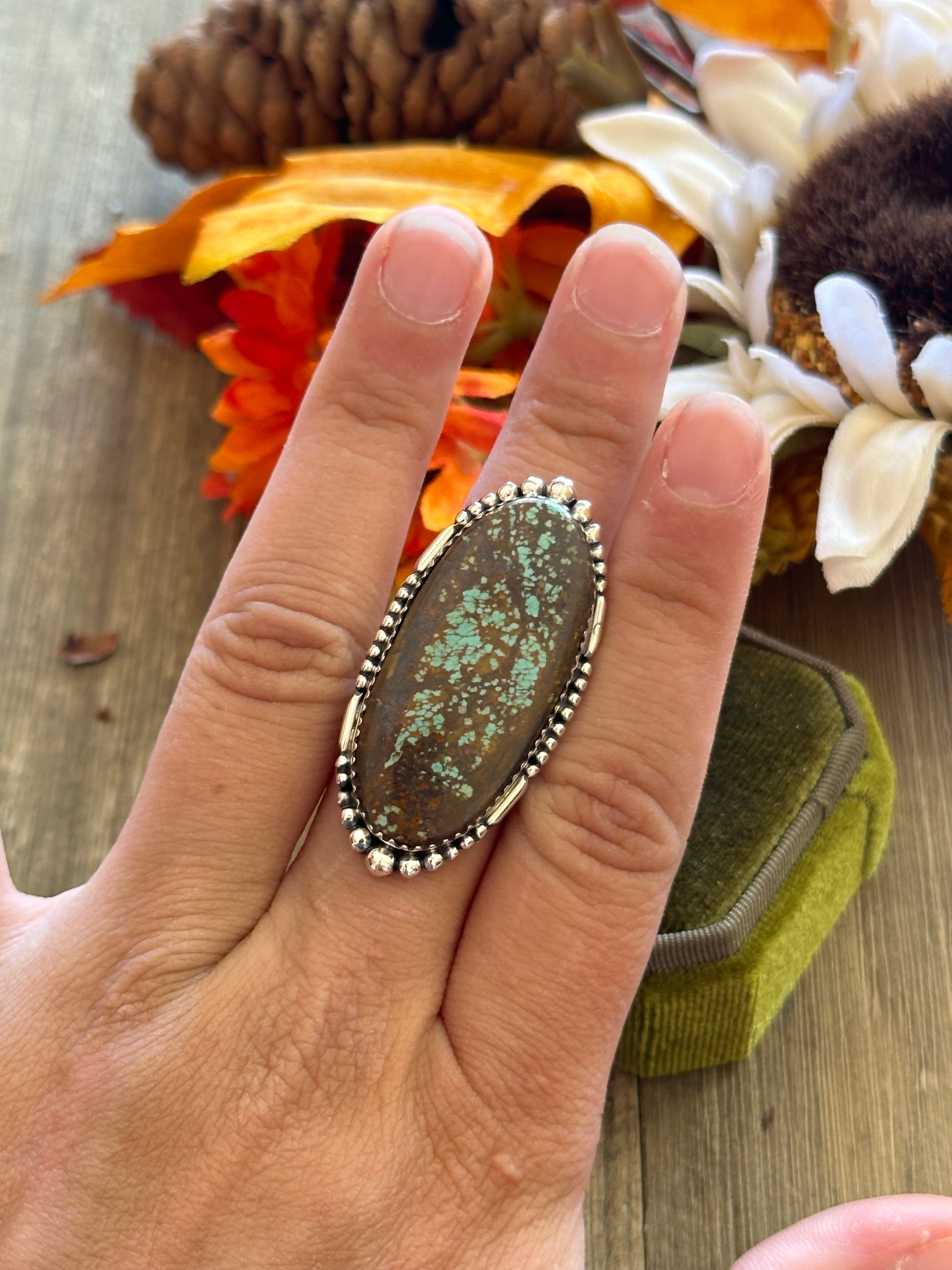 Southwest Handmade #8 Turquoise & Sterling Silver Adjustable Ring