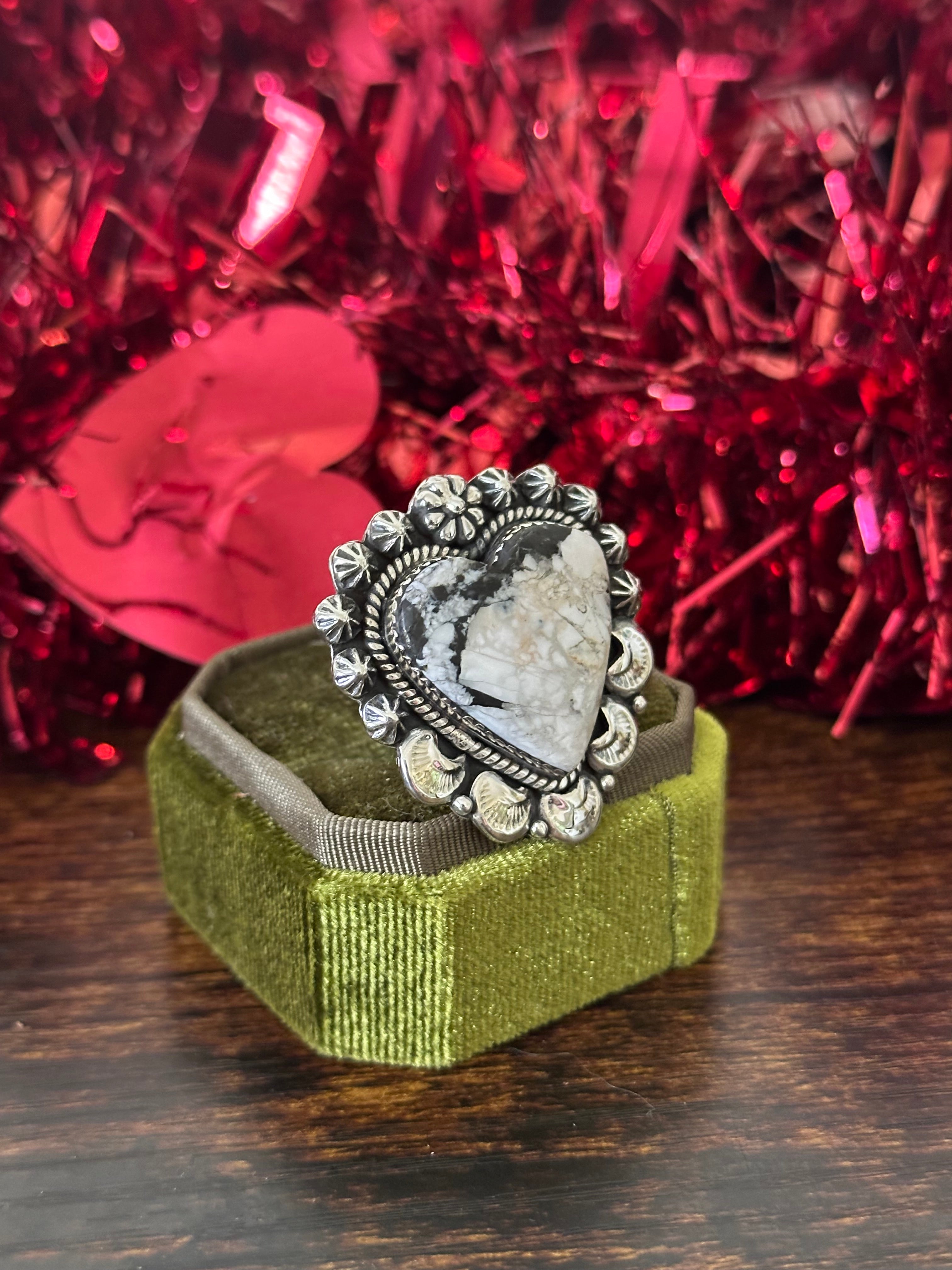 Southwest Handmade White Buffalo & Sterling Silver Adjustable Heart Ring