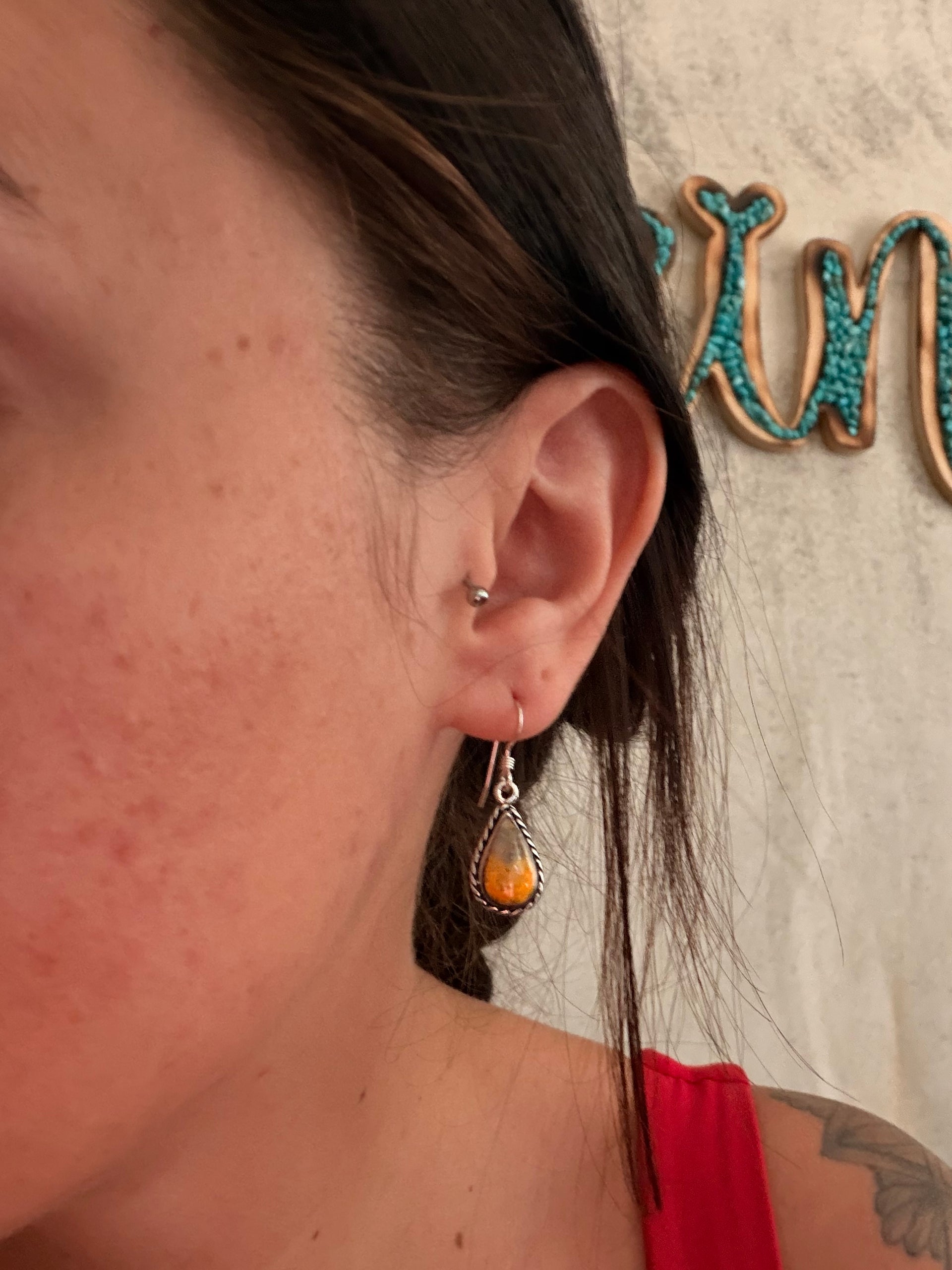 Navajo Made BB Agate & Sterling Silver Dangle Earrings