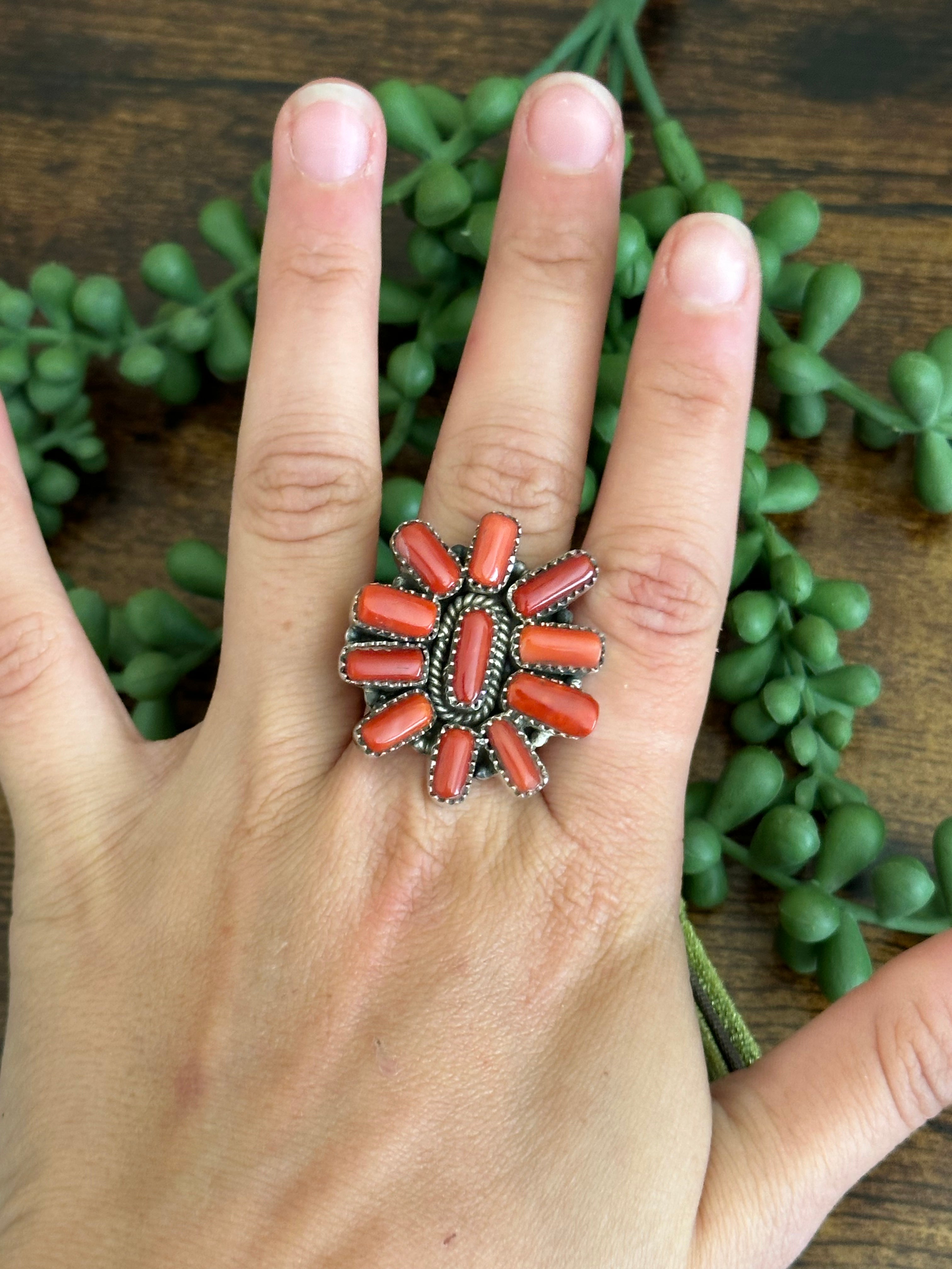 Southwest Handmade Mediterranean Coral & Sterling Silver Adjustable Ring