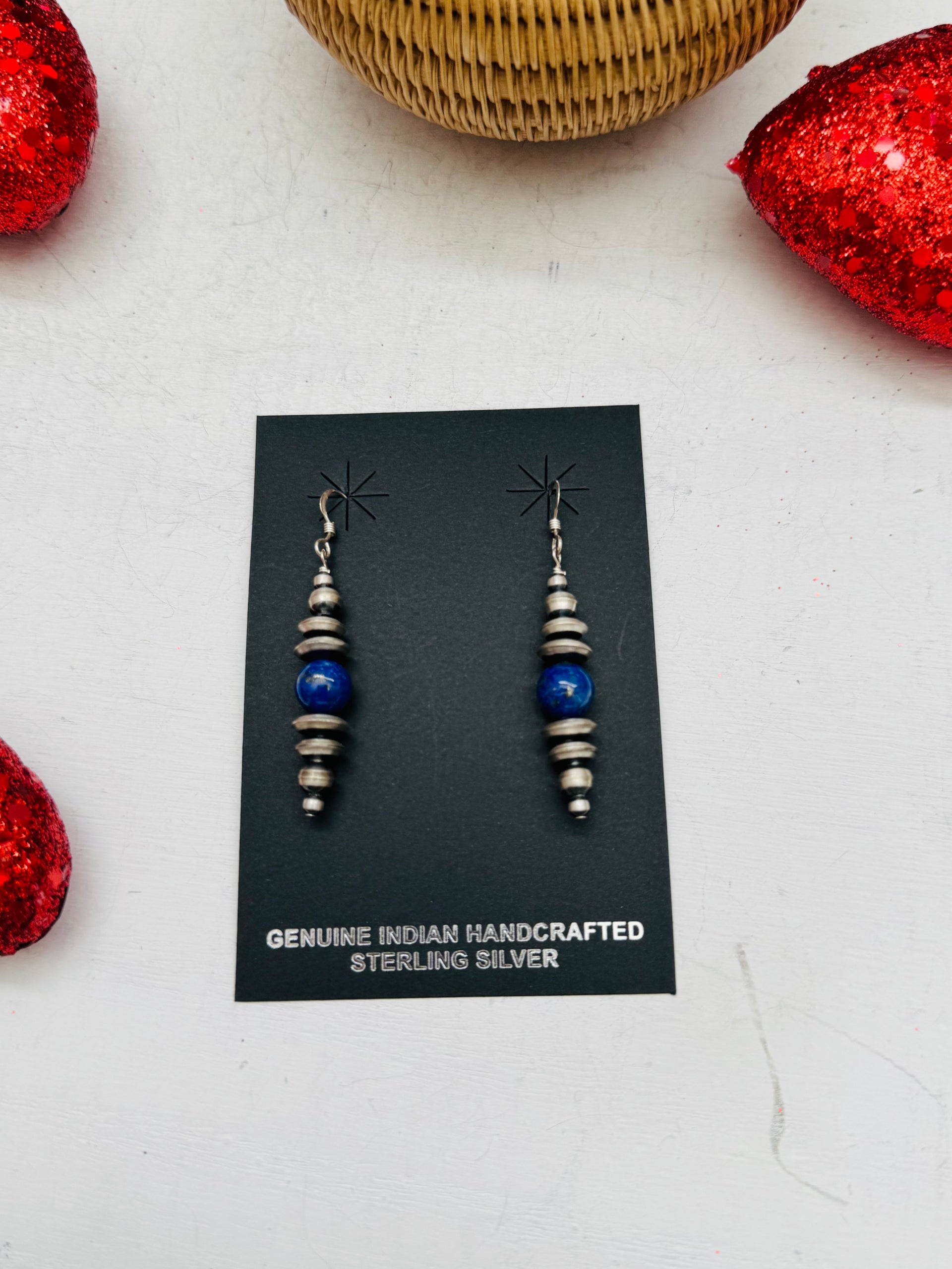 Navajo Strung Lapis & Sterling Silver Graduated Pearls Dangle Earrings