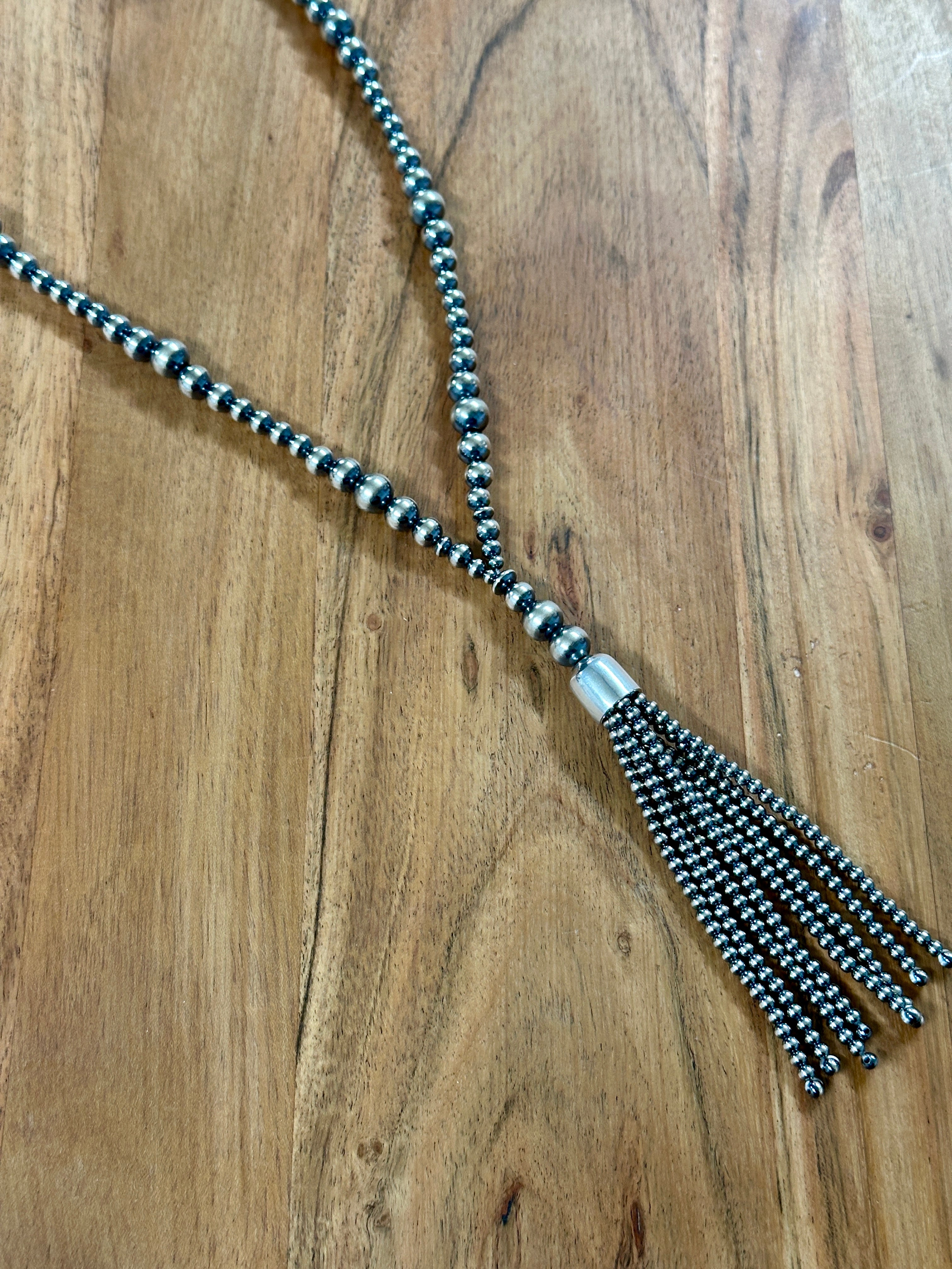 Navajo Strung Sterling Silver Beaded Pearls Tassel Necklace