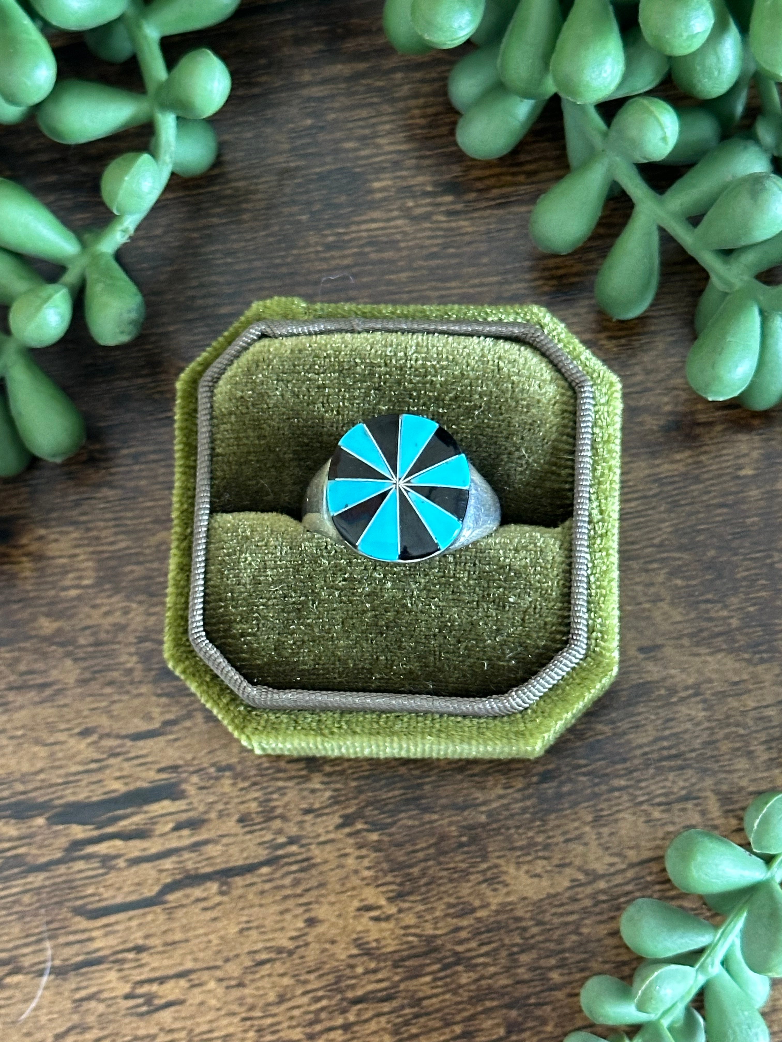 Navajo Handmade Multi Stone & Sterling Silver Square Inlay Ring Size 8.5