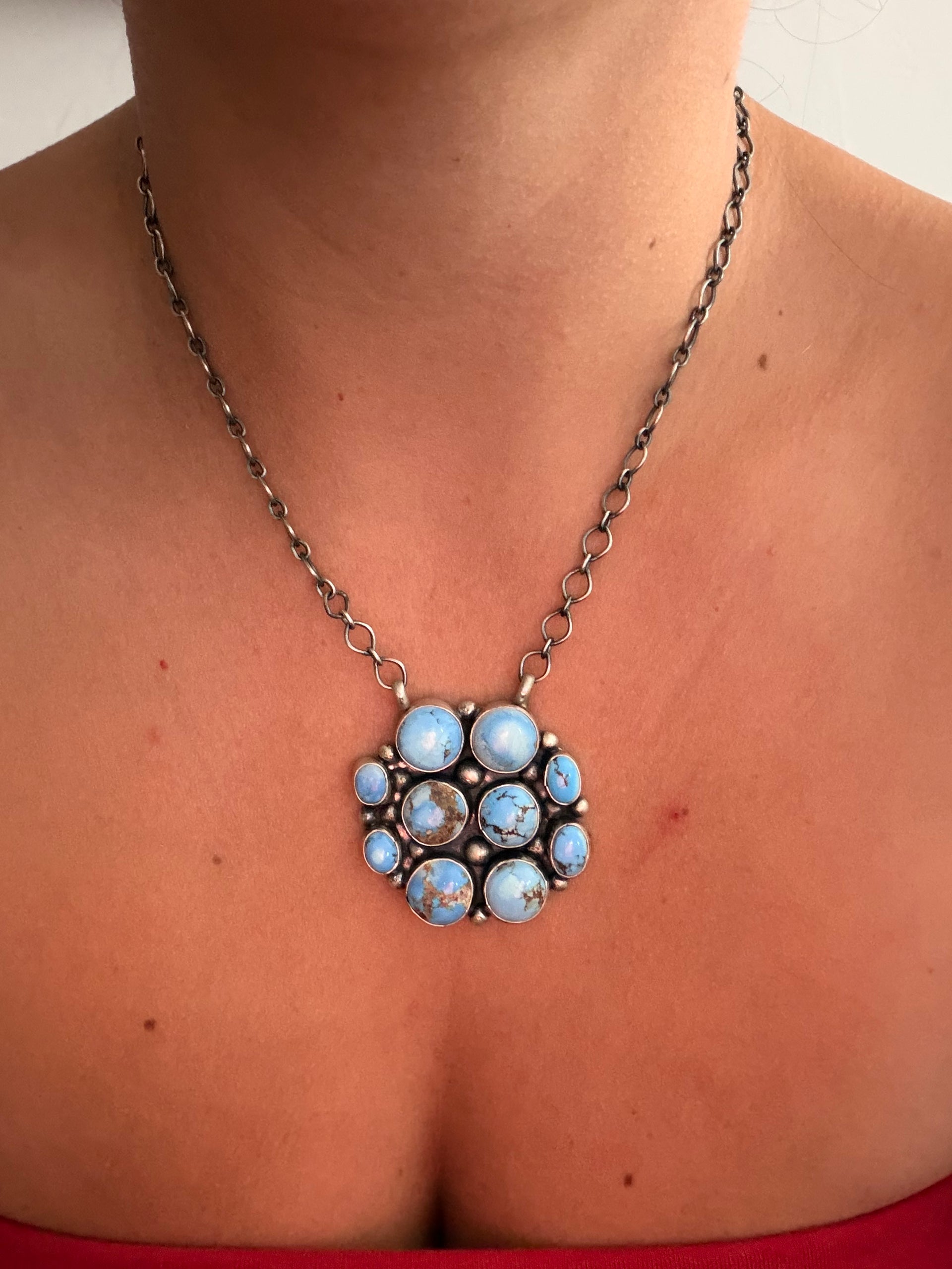 Sheila Becenti Golden Hills Turquoise & Sterling Sliver Cluster Necklace