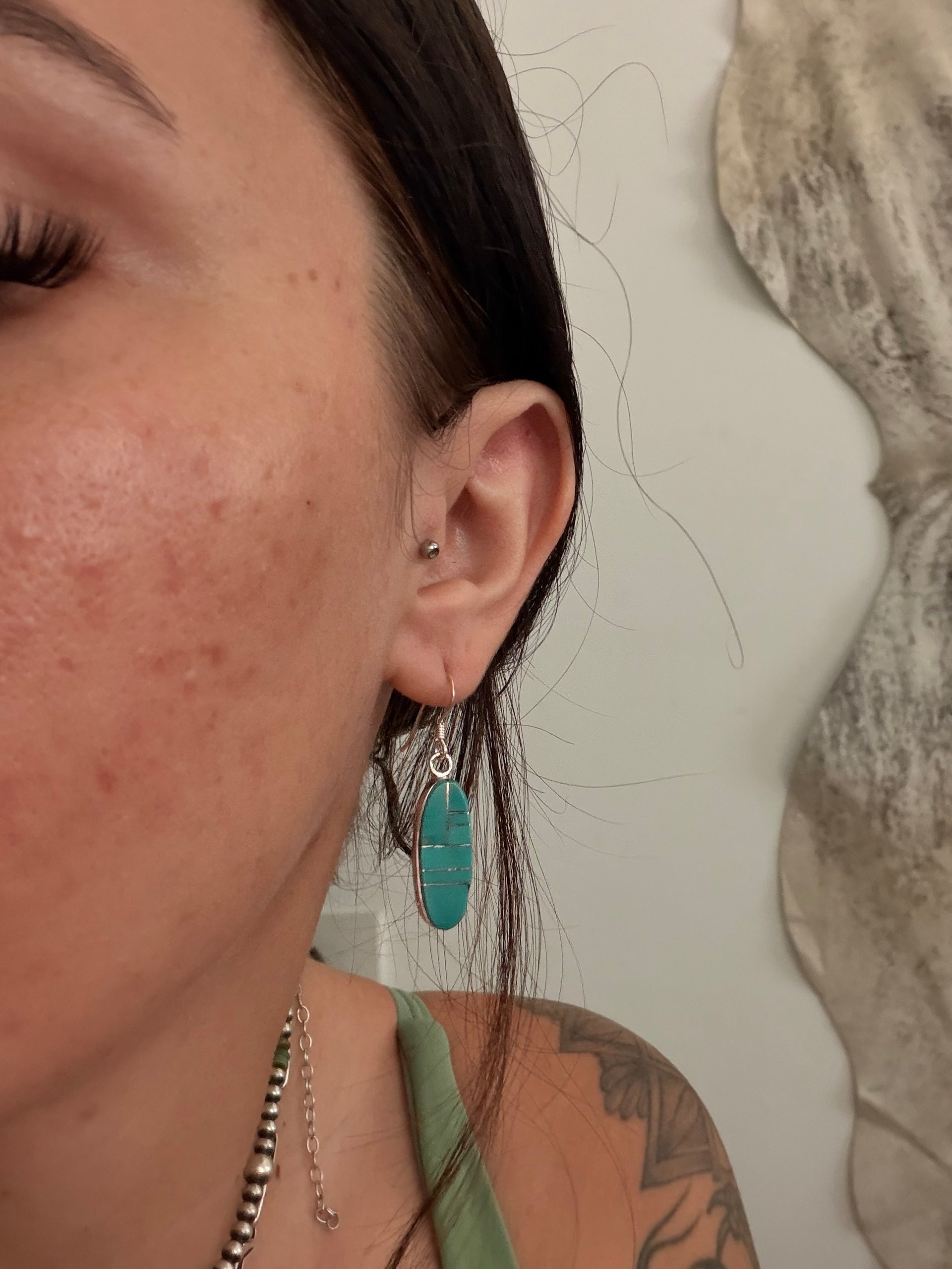 Navajo Made Kingman Turquoise & Sterling Silver Dangle Inlay Earrings