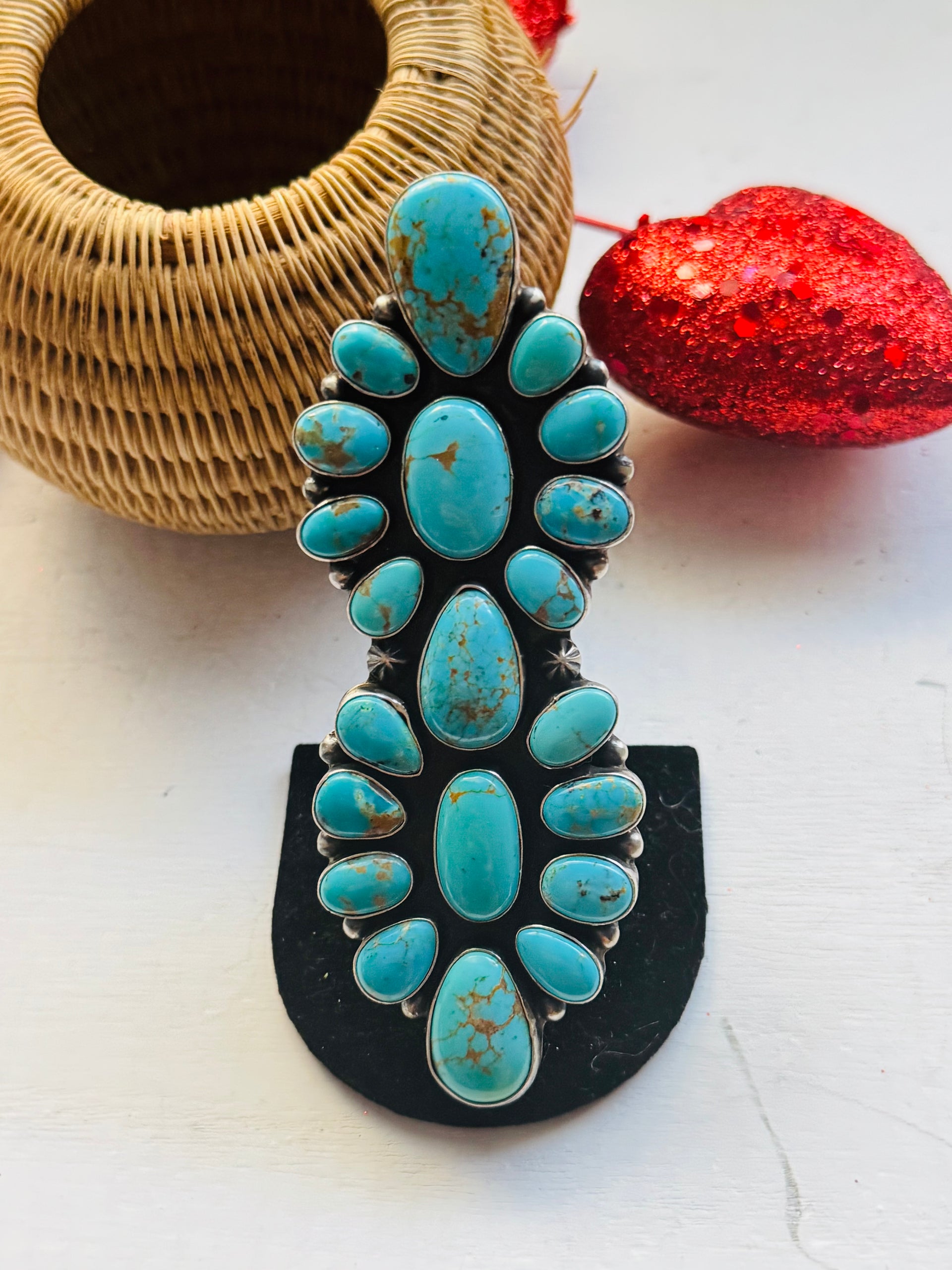 Navajo Made Kingman Turquoise & Sterling Silver Cluster Ring Size 7