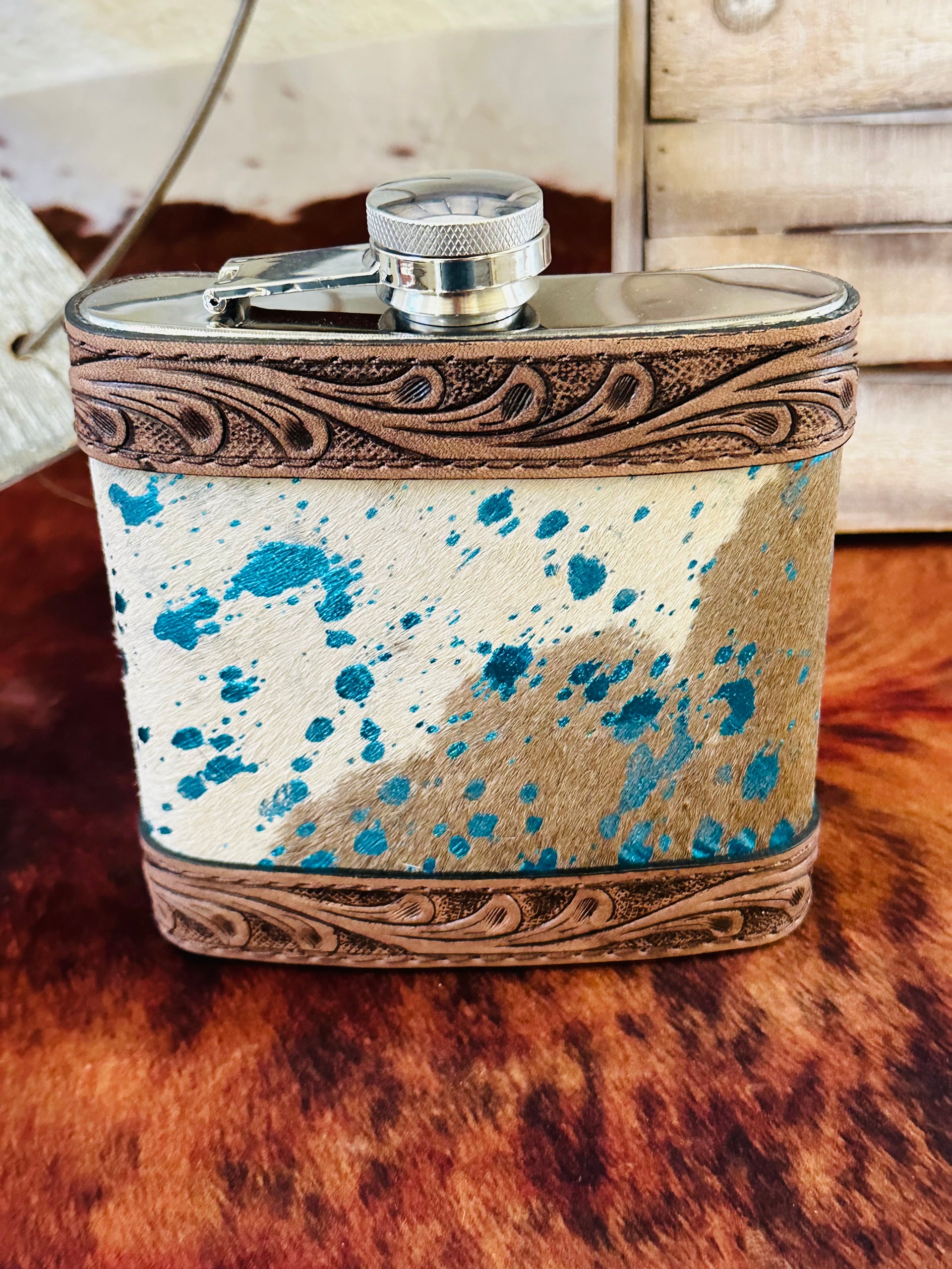Genuine Tooled Leather & Cowhide 16 oz Flask